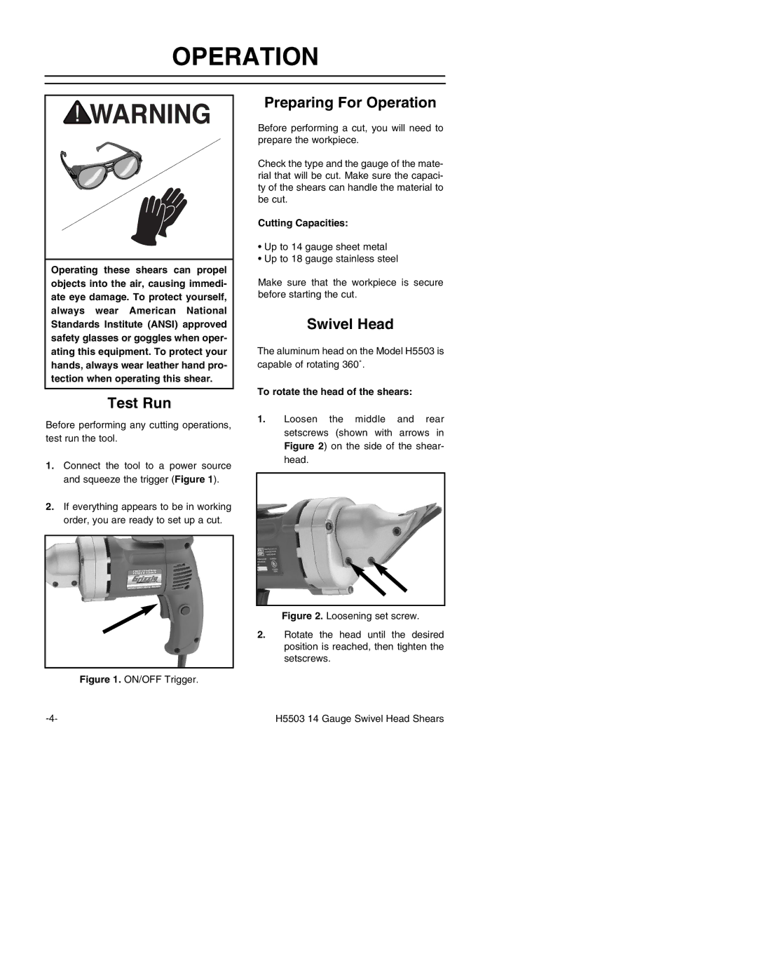 Grizzly H5503 instruction manual Test Run, Preparing For Operation, Swivel Head 