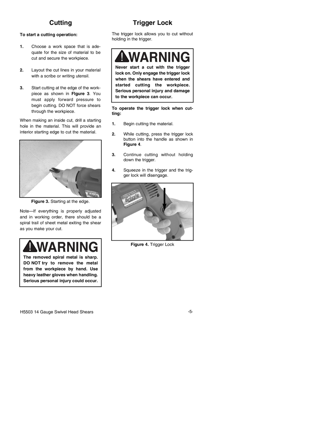 Grizzly H5503 instruction manual Cutting Trigger Lock, To start a cutting operation 