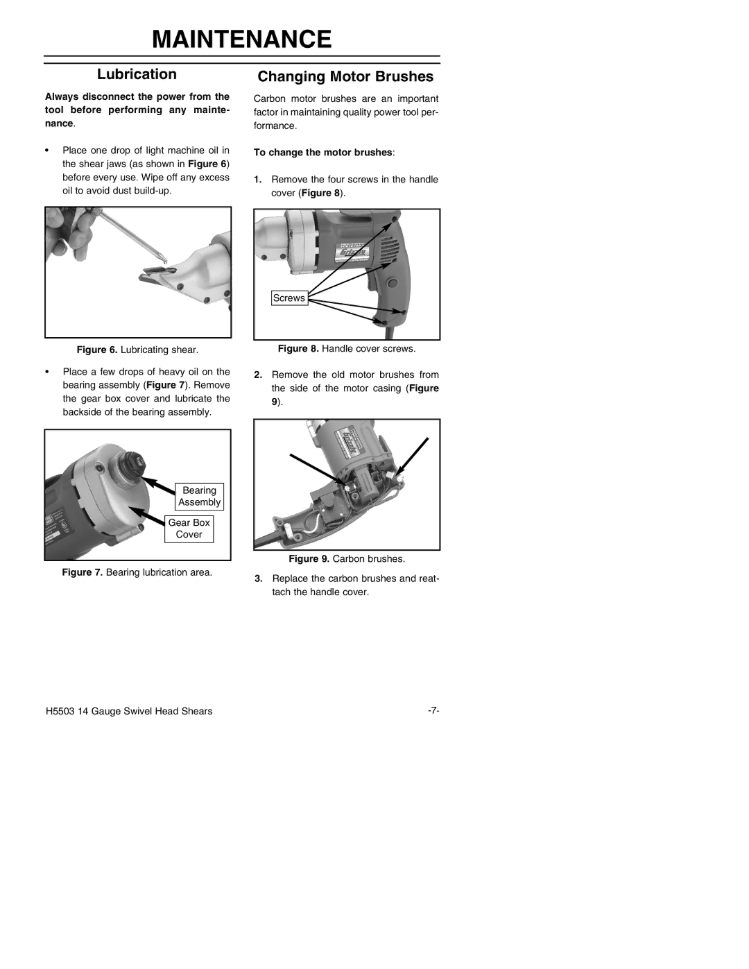 Grizzly H5503 instruction manual Maintenance, Lubrication, Changing Motor Brushes 