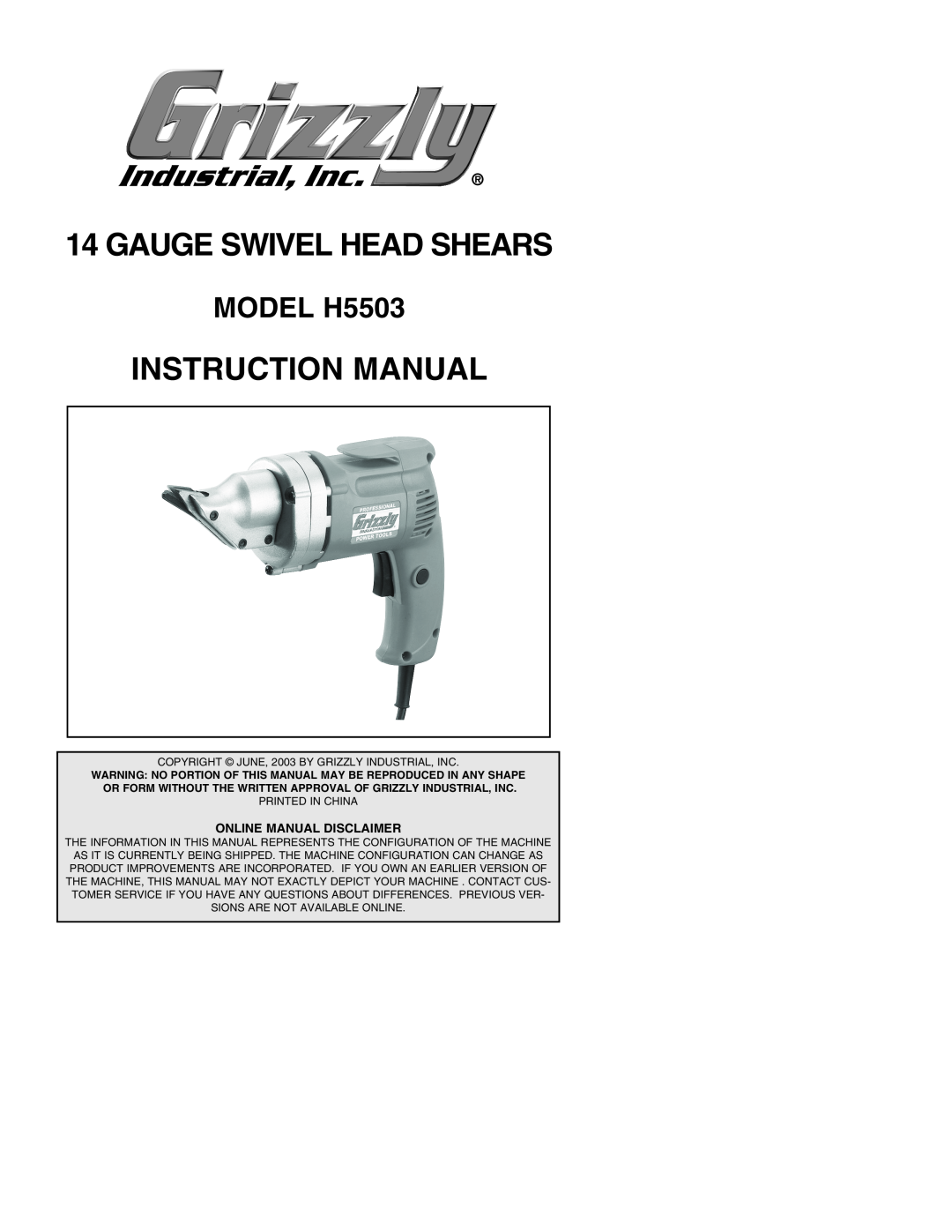 Grizzly instruction manual Gauge Swivel Head Shears, Instruction Manual, MODEL H5503 