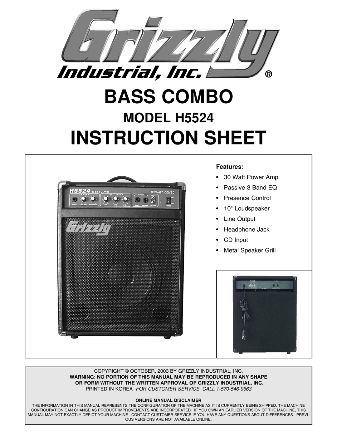 Grizzly H5524 instruction sheet Bass Combo, Instruction Sheet, Features, Online Manual Disclaimer 