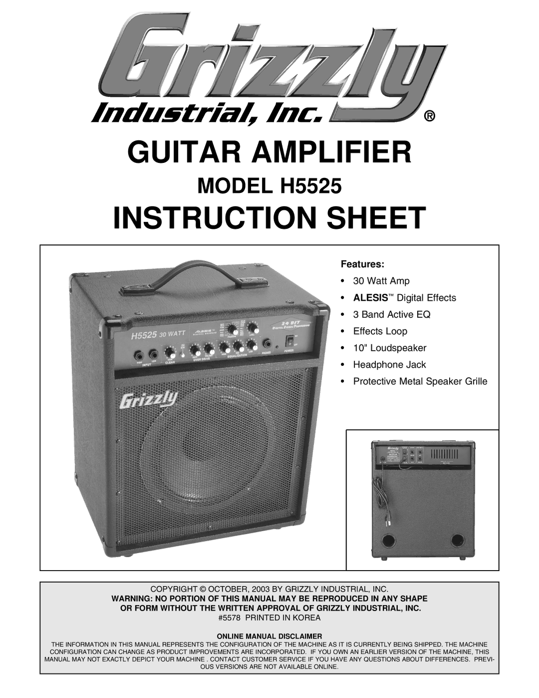 Grizzly H5525 instruction sheet Guitar Amplifier 