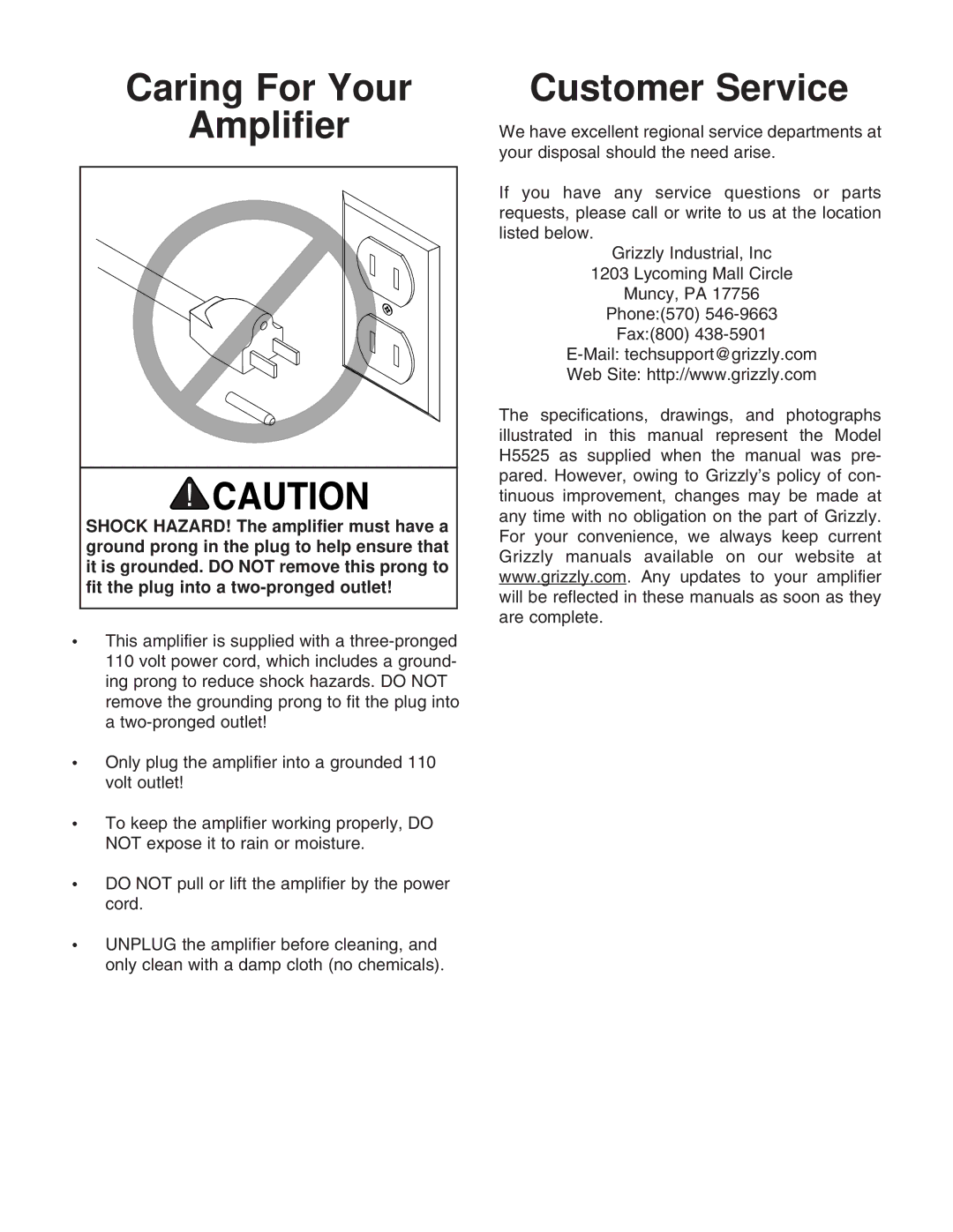 Grizzly H5525 instruction sheet Caring For Your Amplifier 