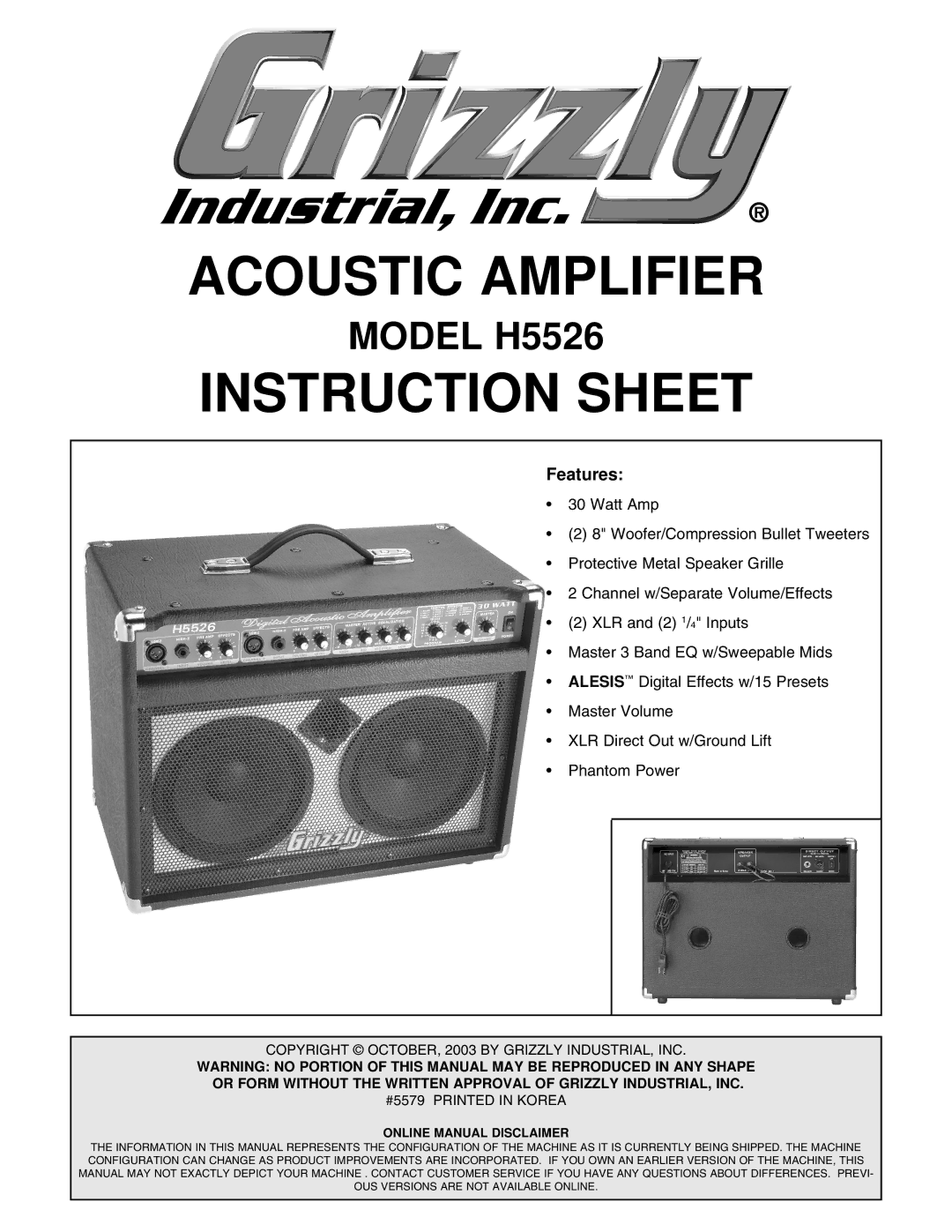 Grizzly h5526 instruction sheet Acoustic Amplifier 