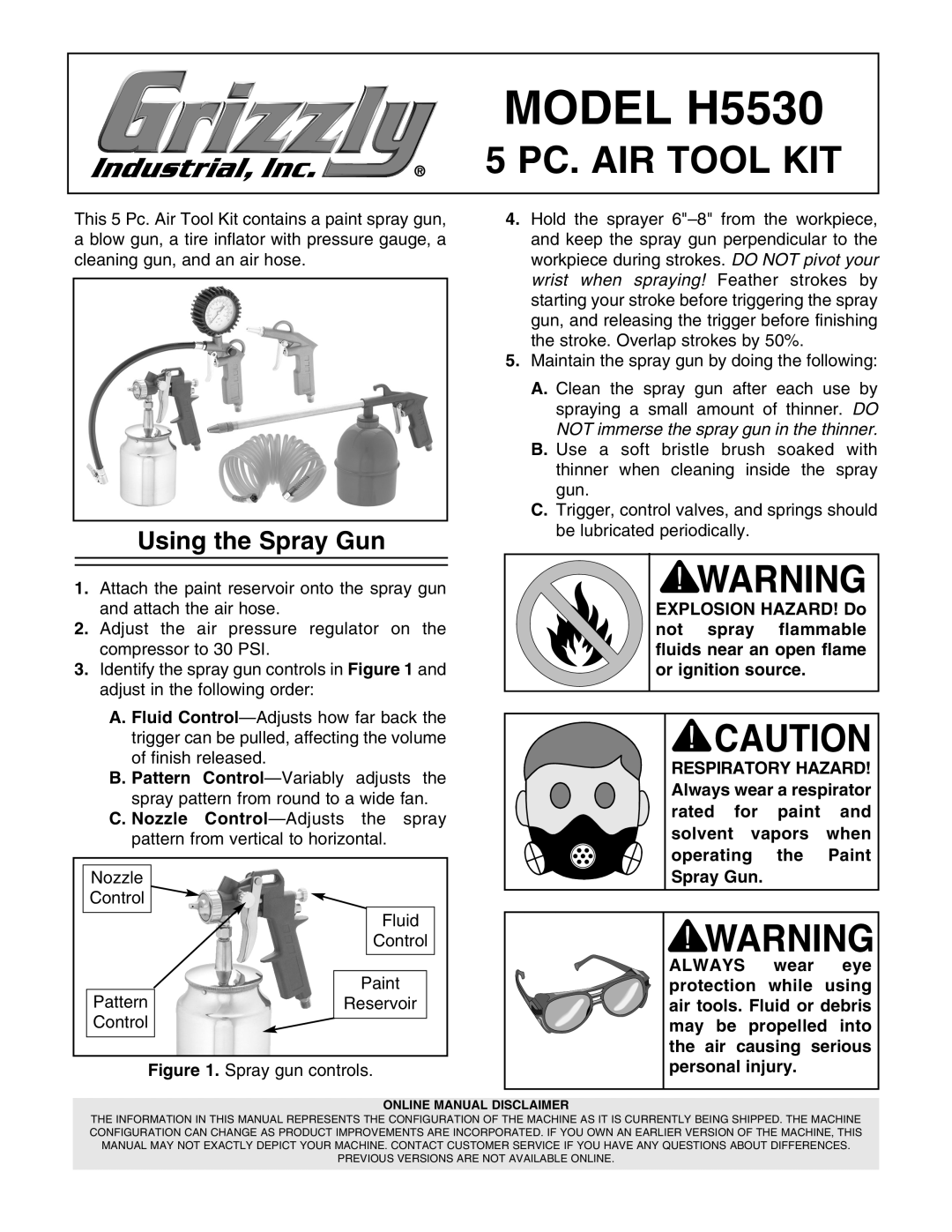 Grizzly manual Model H5530, PC. AIR Tool KIT, Using the Spray Gun, Online Manual Disclaimer 