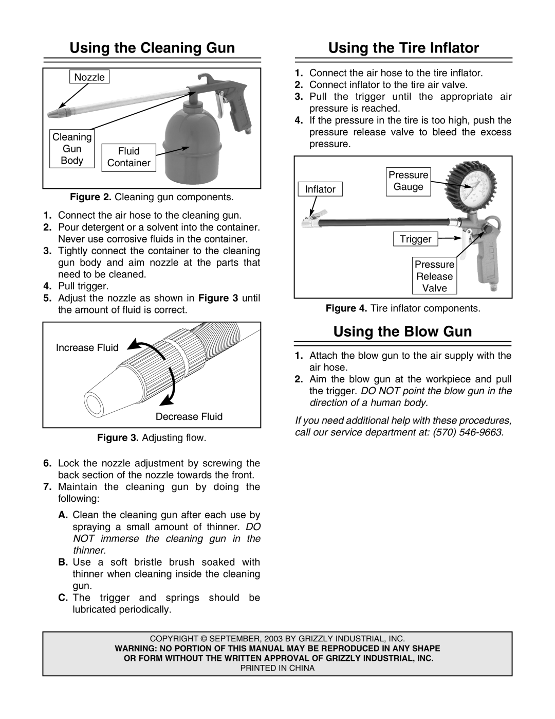 Grizzly H5530 manual Using the Cleaning Gun, Using the Tire Inflator, Using the Blow Gun 