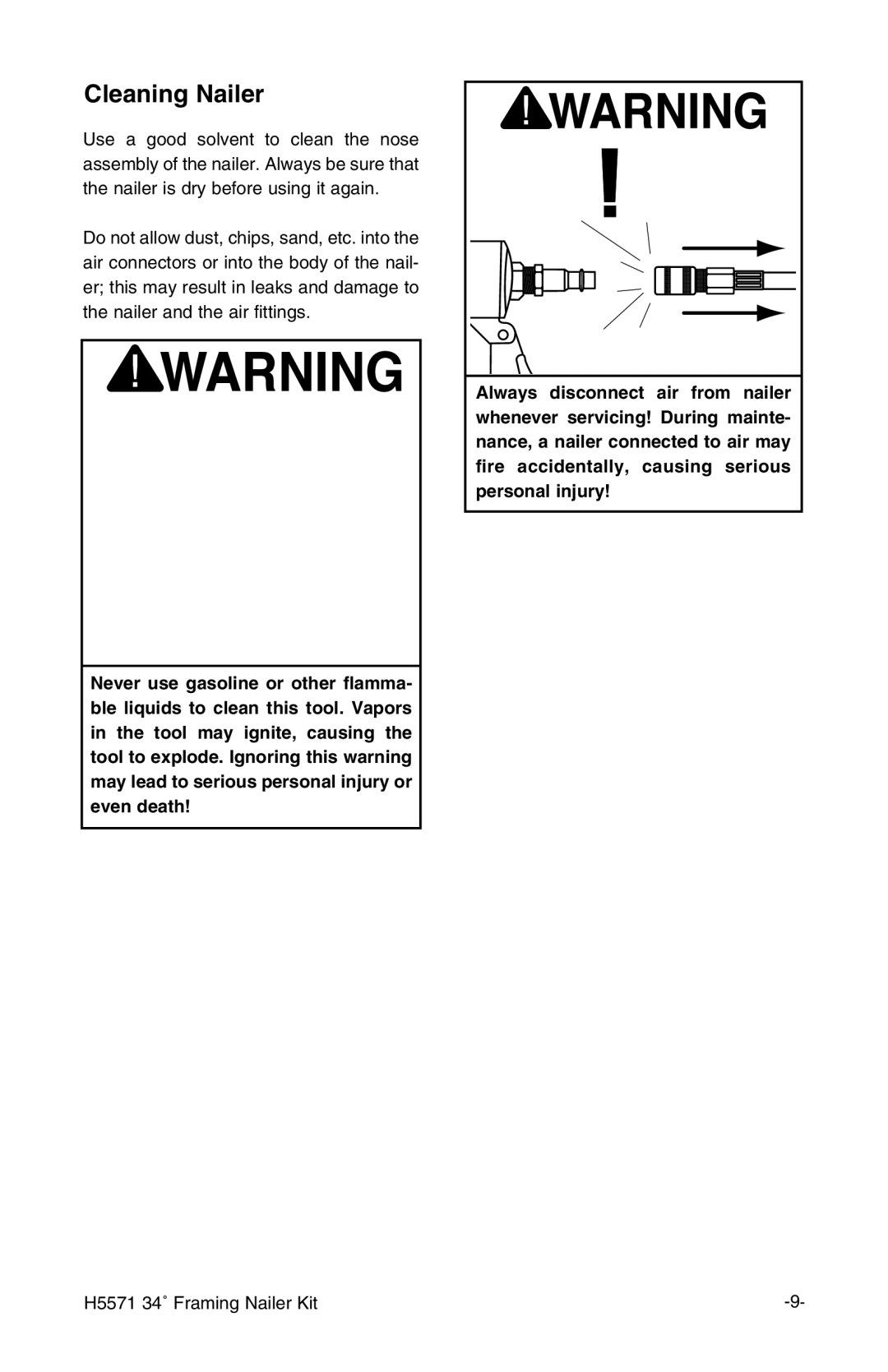 Grizzly H5571 instruction manual Cleaning Nailer 