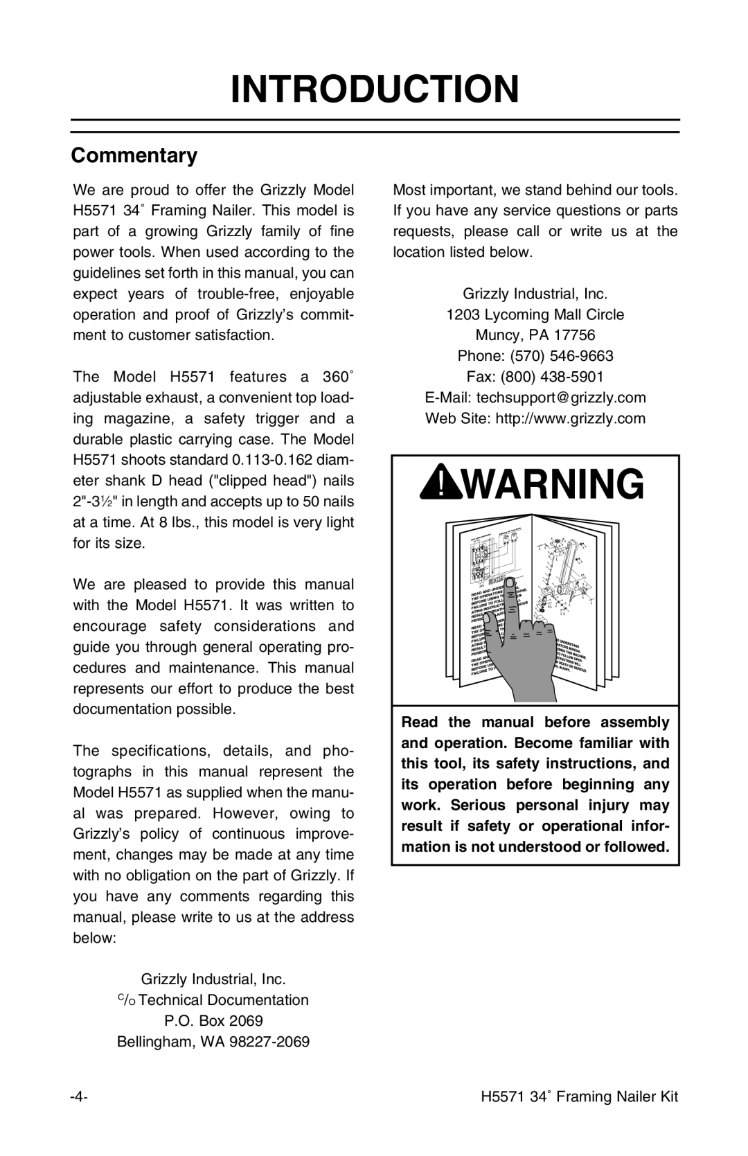 Grizzly H5571 instruction manual Introduction, Commentary 