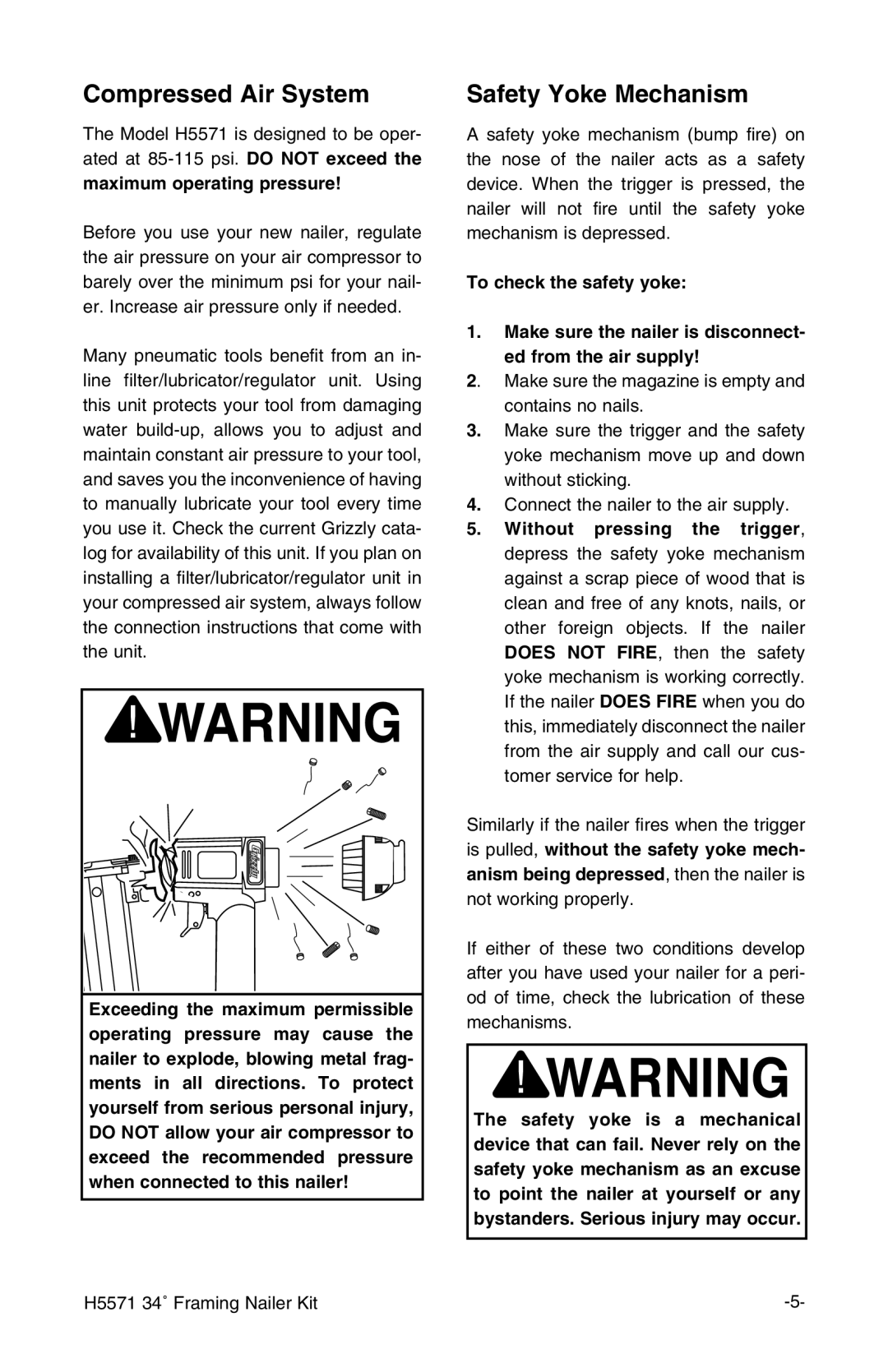 Grizzly H5571 instruction manual Compressed Air System, Safety Yoke Mechanism 