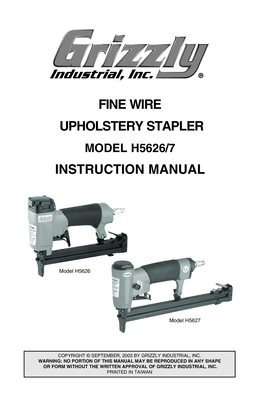 Grizzly H5626/7 instruction manual Fine Wire Upholstery Stapler 