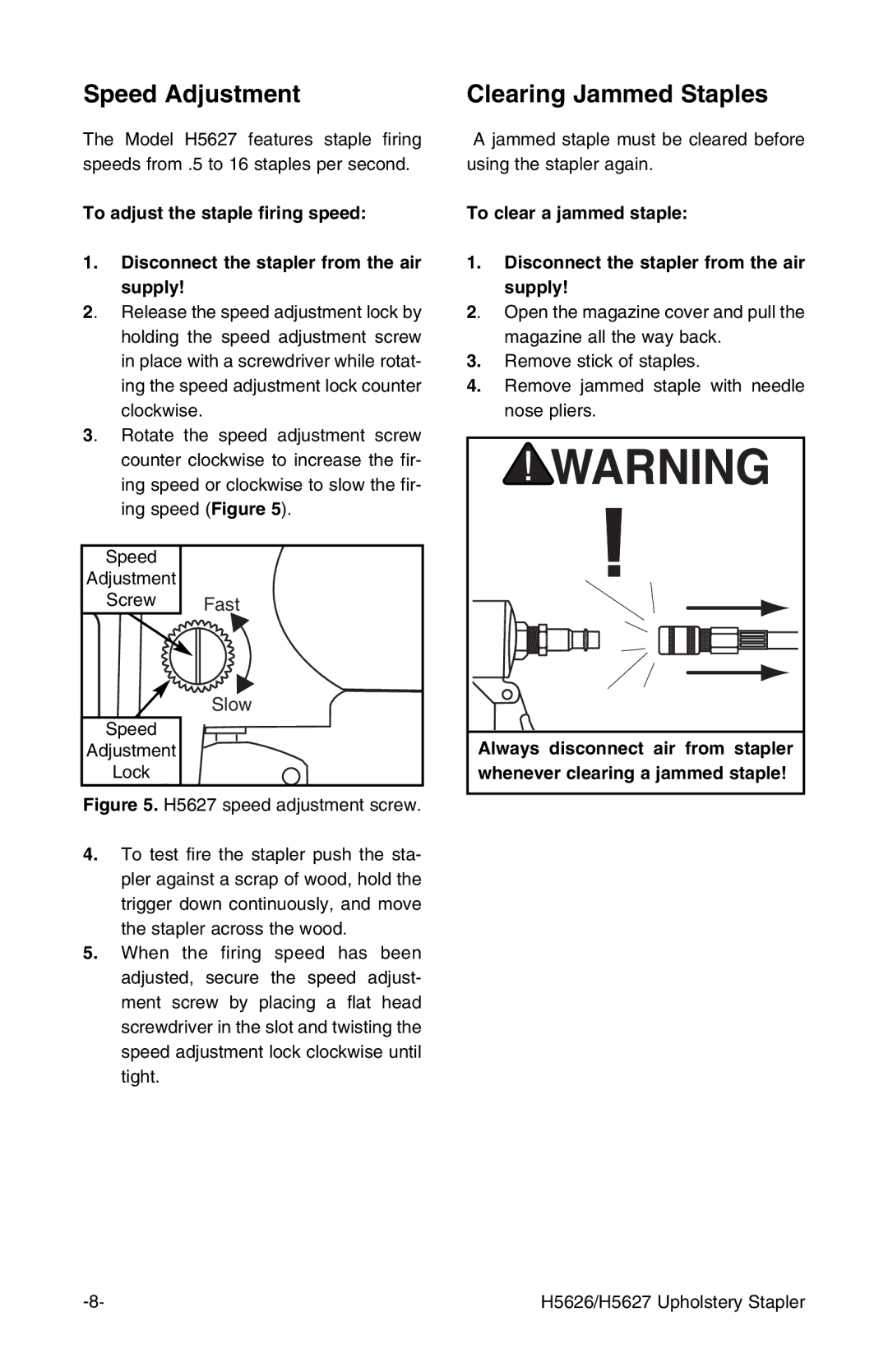 Grizzly H5626, H5627 instruction manual Speed Adjustment, Clearing Jammed Staples 