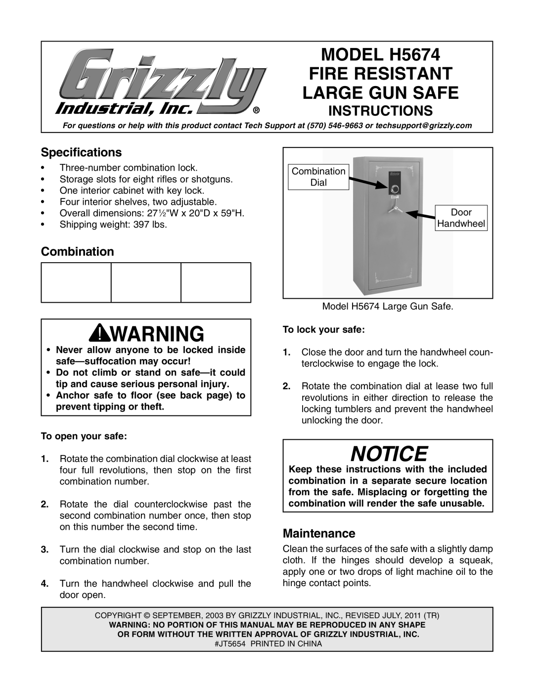 Grizzly H5674 specifications Specifications, Combination, Maintenance, To lock your safe 