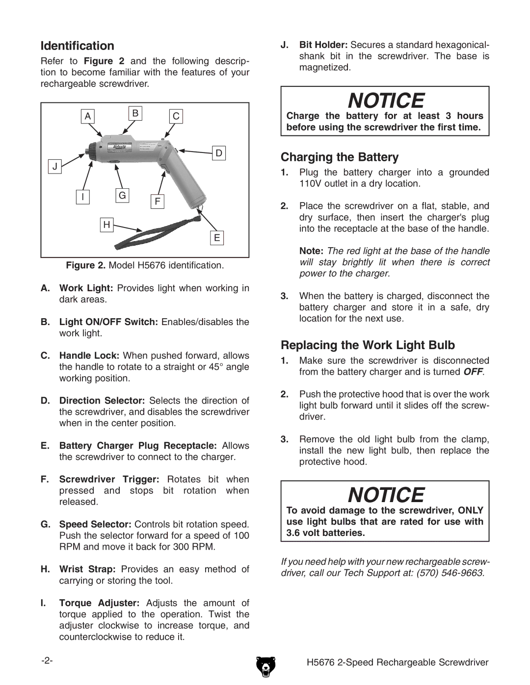 Grizzly H5676 specifications Identification, Charging the Battery, Replacing the Work Light Bulb 