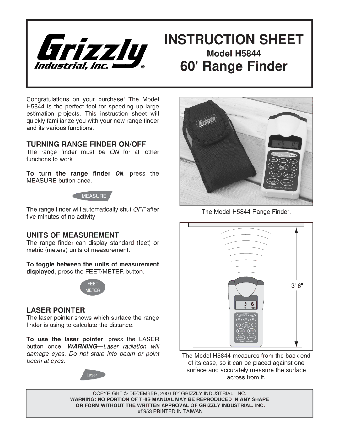 Grizzly H5844 instruction sheet Turning Range Finder ON/OFF, Units of Measurement, Laser Pointer 