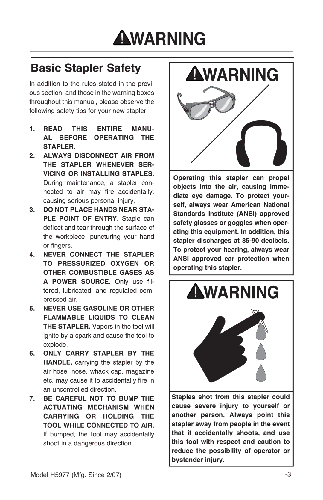 Grizzly H5977 instruction manual Basic Stapler Safety 