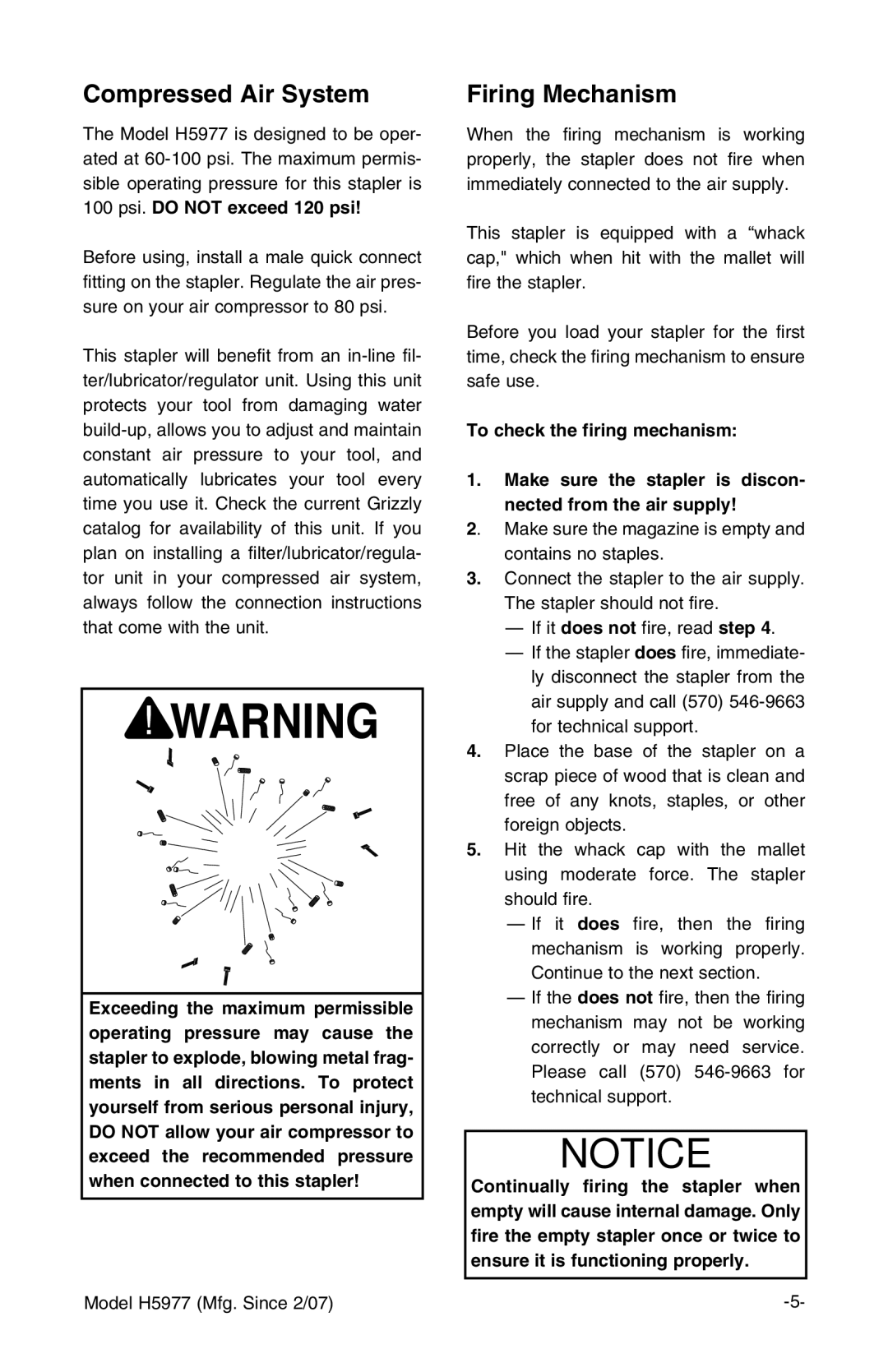 Grizzly H5977 instruction manual Compressed Air System, Firing Mechanism 