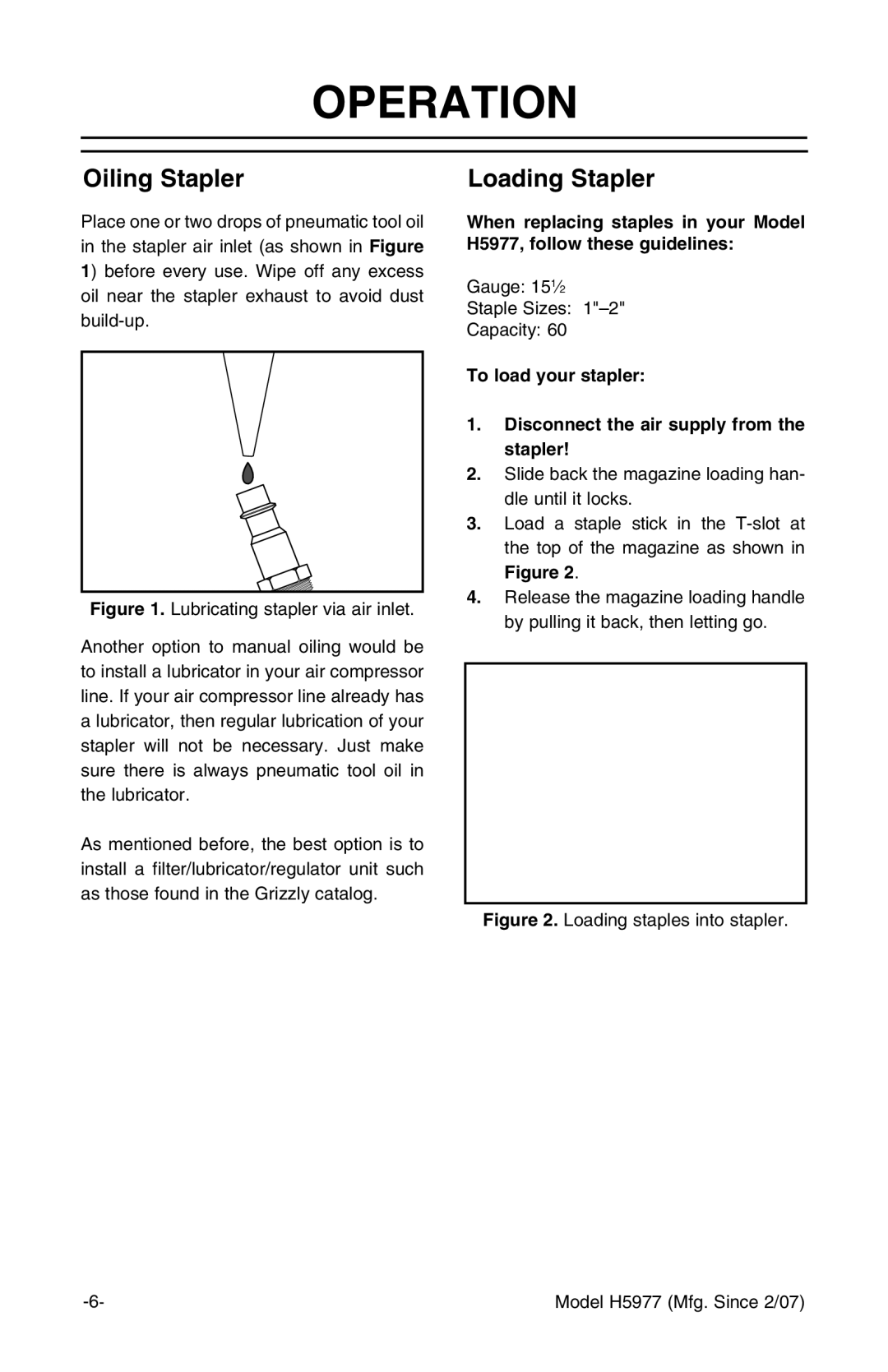 Grizzly H5977 instruction manual Oiling Stapler, Loading Stapler 