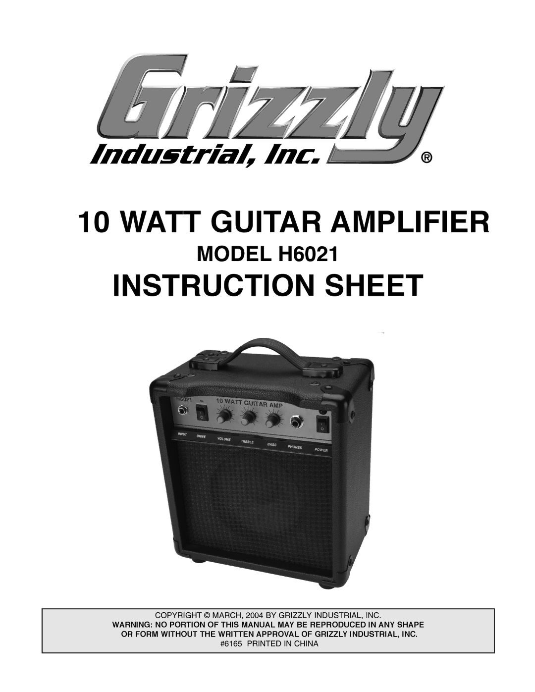 Grizzly instruction sheet Watt Guitar Amplifier, Instruction Sheet, Model H6021 