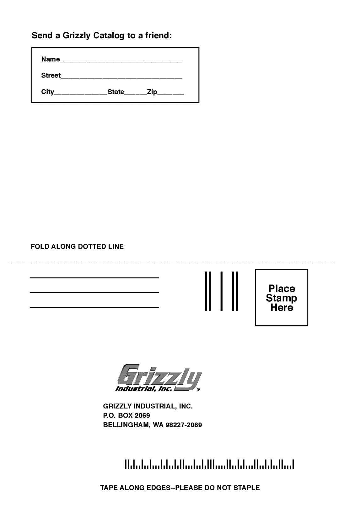 Grizzly H6069 instruction manual Fold Along Dotted Line, Grizzly INDUSTRIAL, INC, Tape Along EDGES--PLEASE do not Staple 