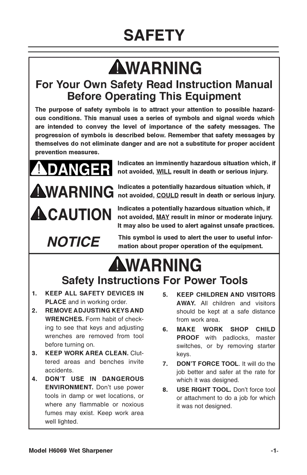 Grizzly H6069 instruction manual Before Operating This Equipment, Safety Instructions For Power Tools 