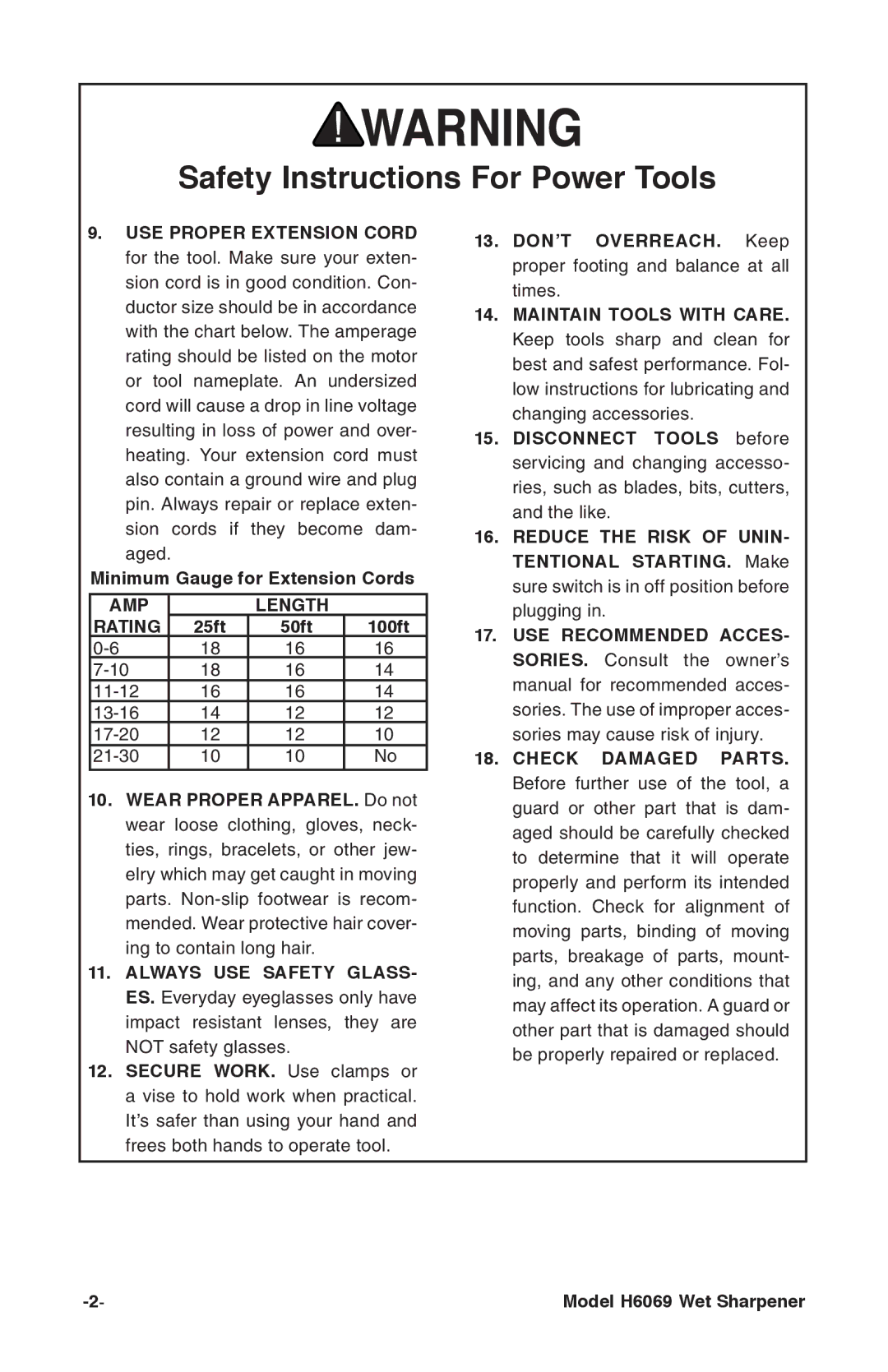 Grizzly H6069 instruction manual AMP Length Rating 