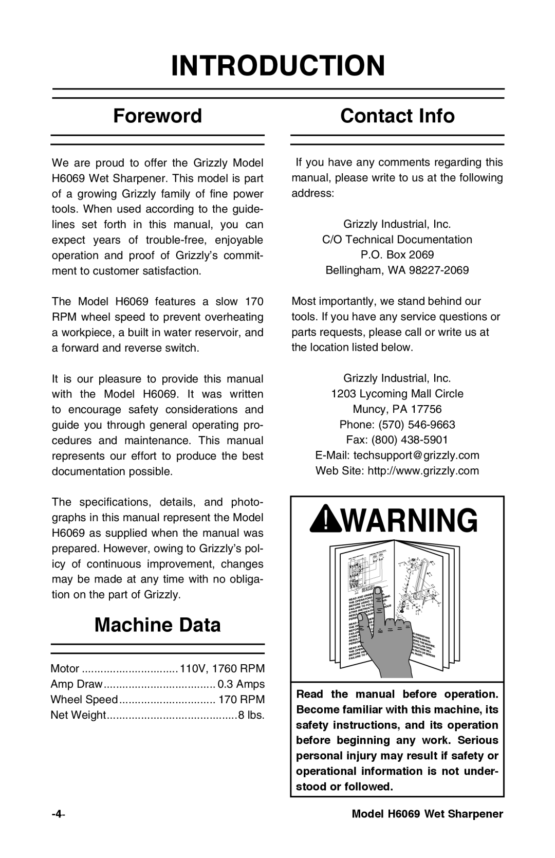 Grizzly H6069 instruction manual Introduction, Foreword Contact Info, Machine Data 