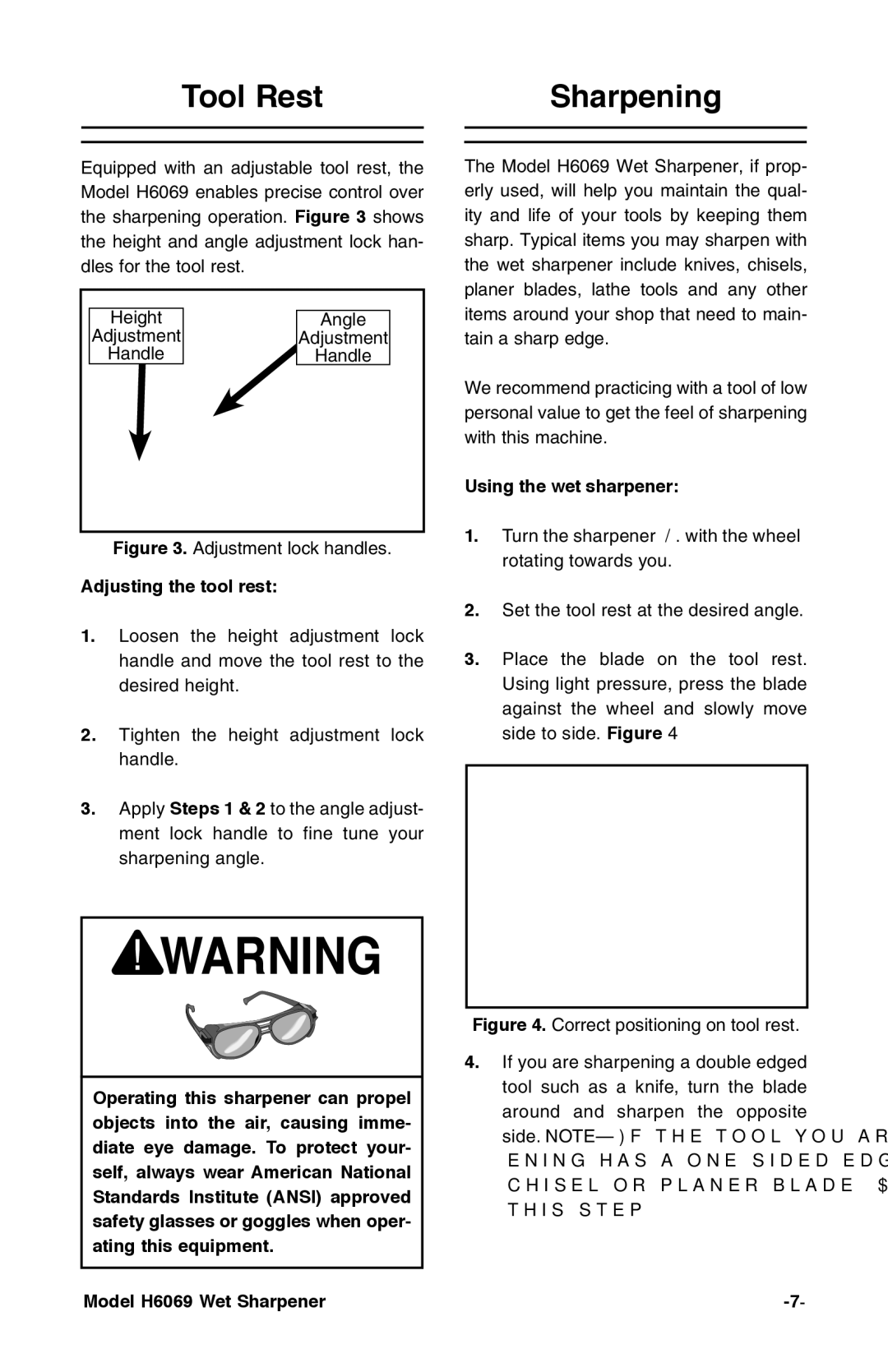 Grizzly H6069 instruction manual Tool Rest Sharpening, Adjusting the tool rest 