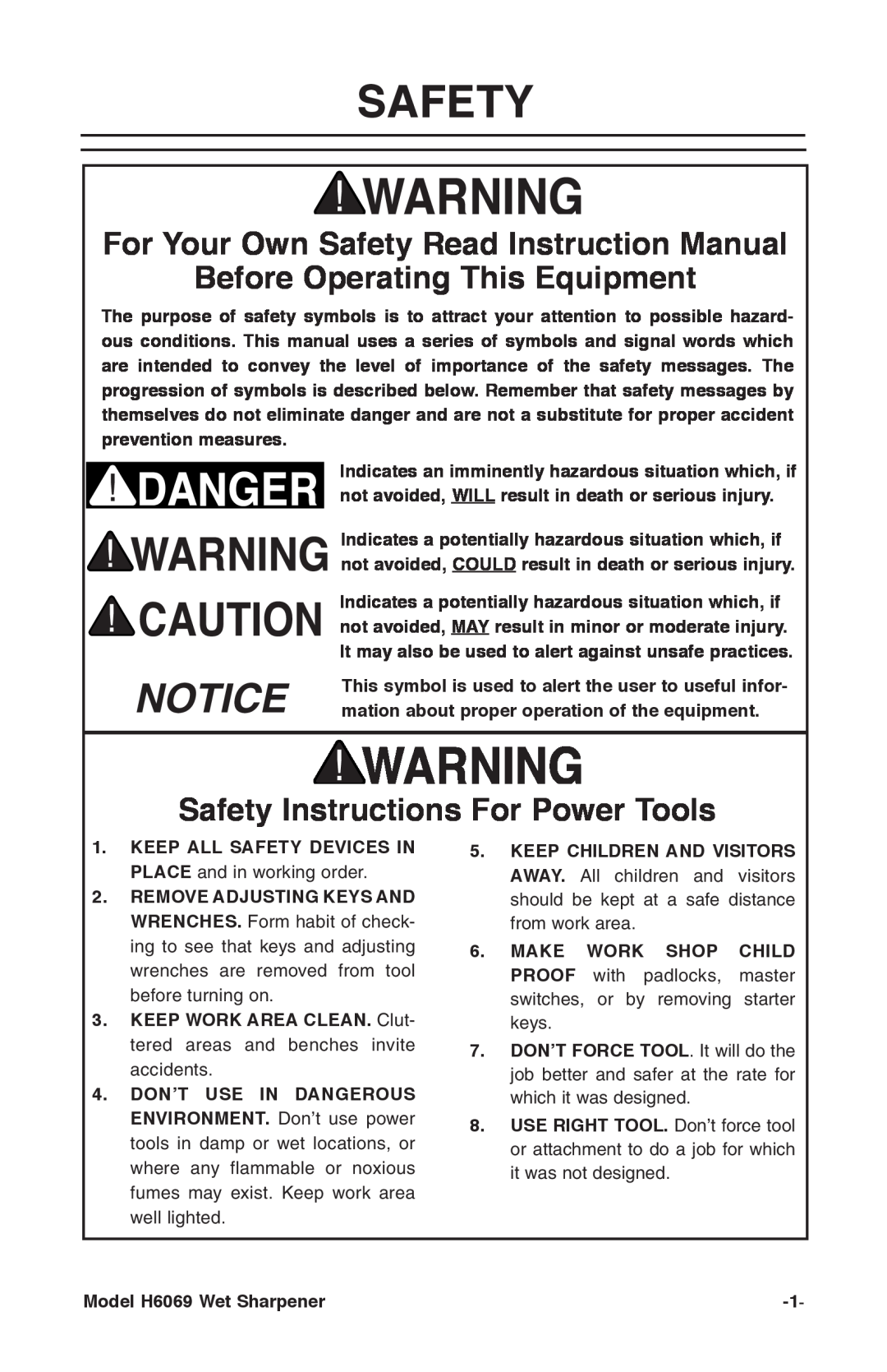 Grizzly Before Operating This Equipment, Safety Instructions For Power Tools, Model H6069 Wet Sharpener 