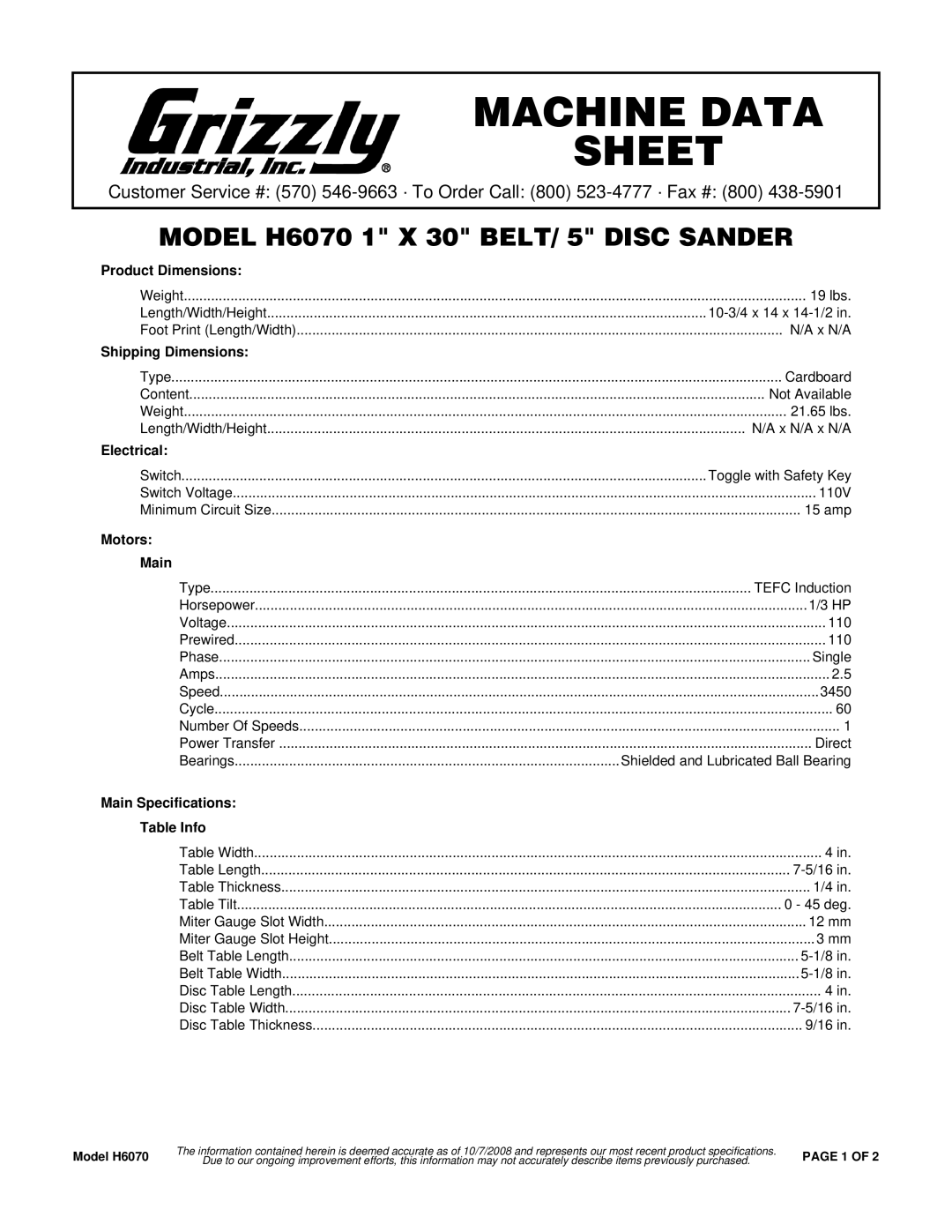 Grizzly specifications Machine Data Sheet, Model H6070 1 X 30 BELT/ 5 Disc Sander 