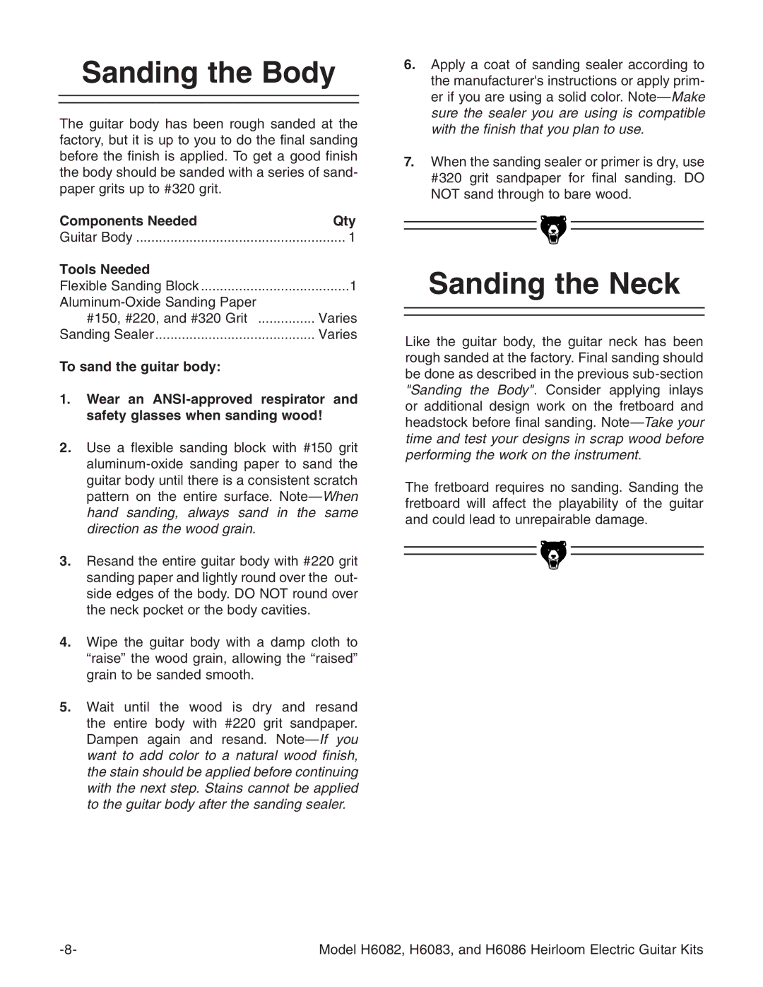 Grizzly H6086, H6082, H6083 instruction manual Sanding the Body, Sanding the Neck 