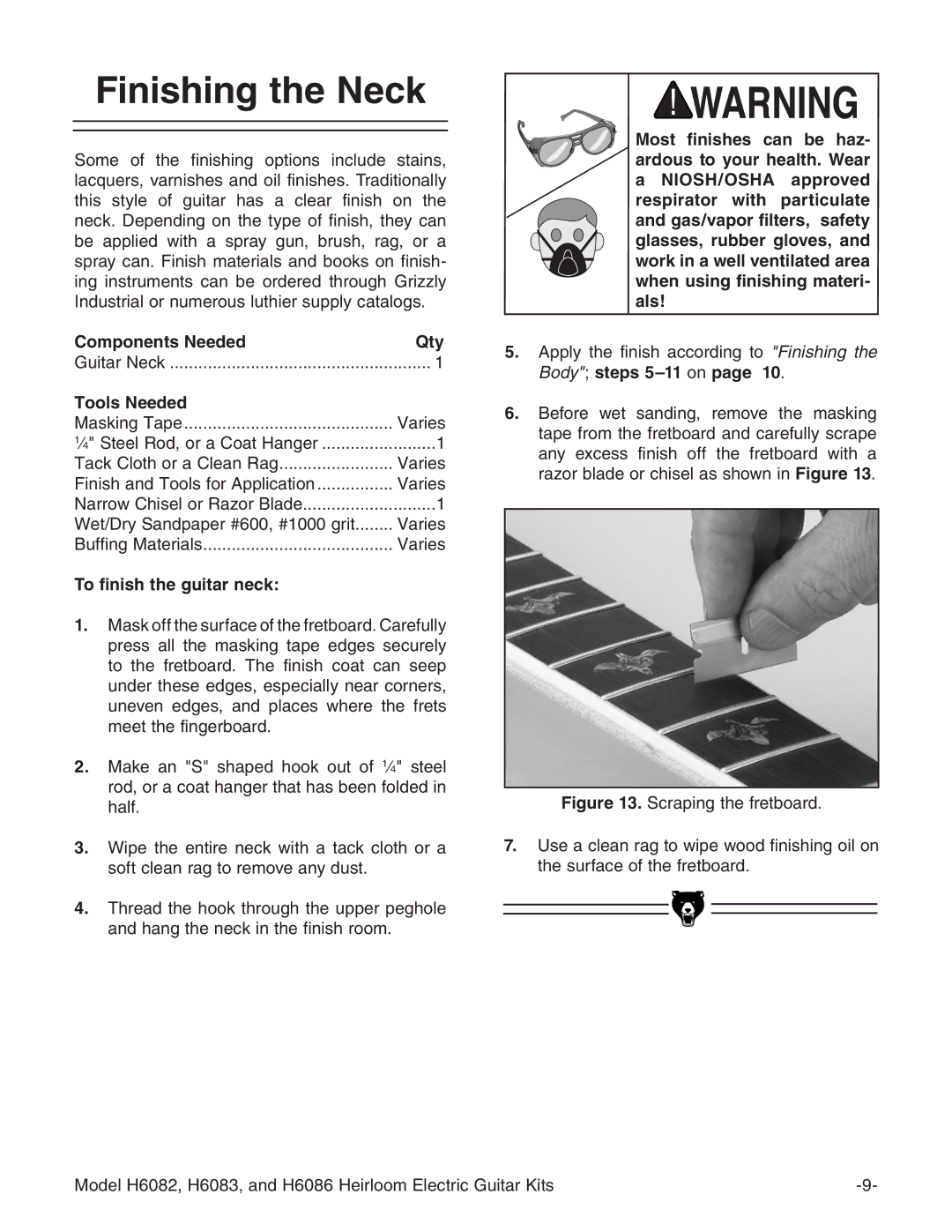 Grizzly H6083, H6082, H6086 instruction manual Finishing the Neck 