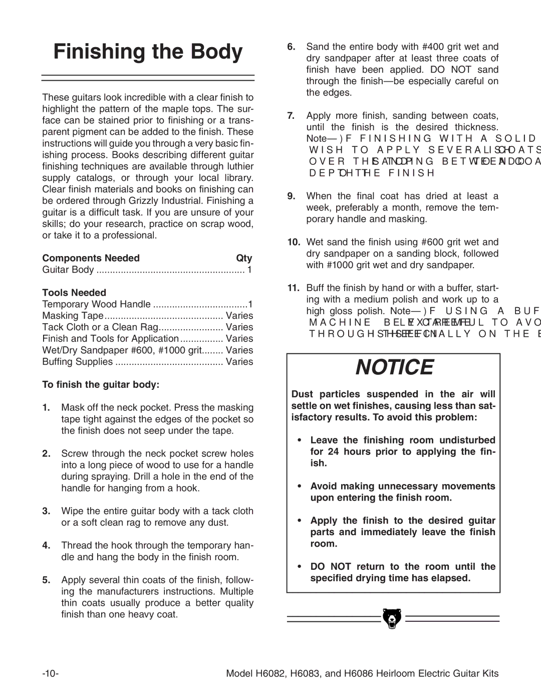 Grizzly H6082, H6086, H6083 instruction manual Finishing the Body, To finish the guitar body 