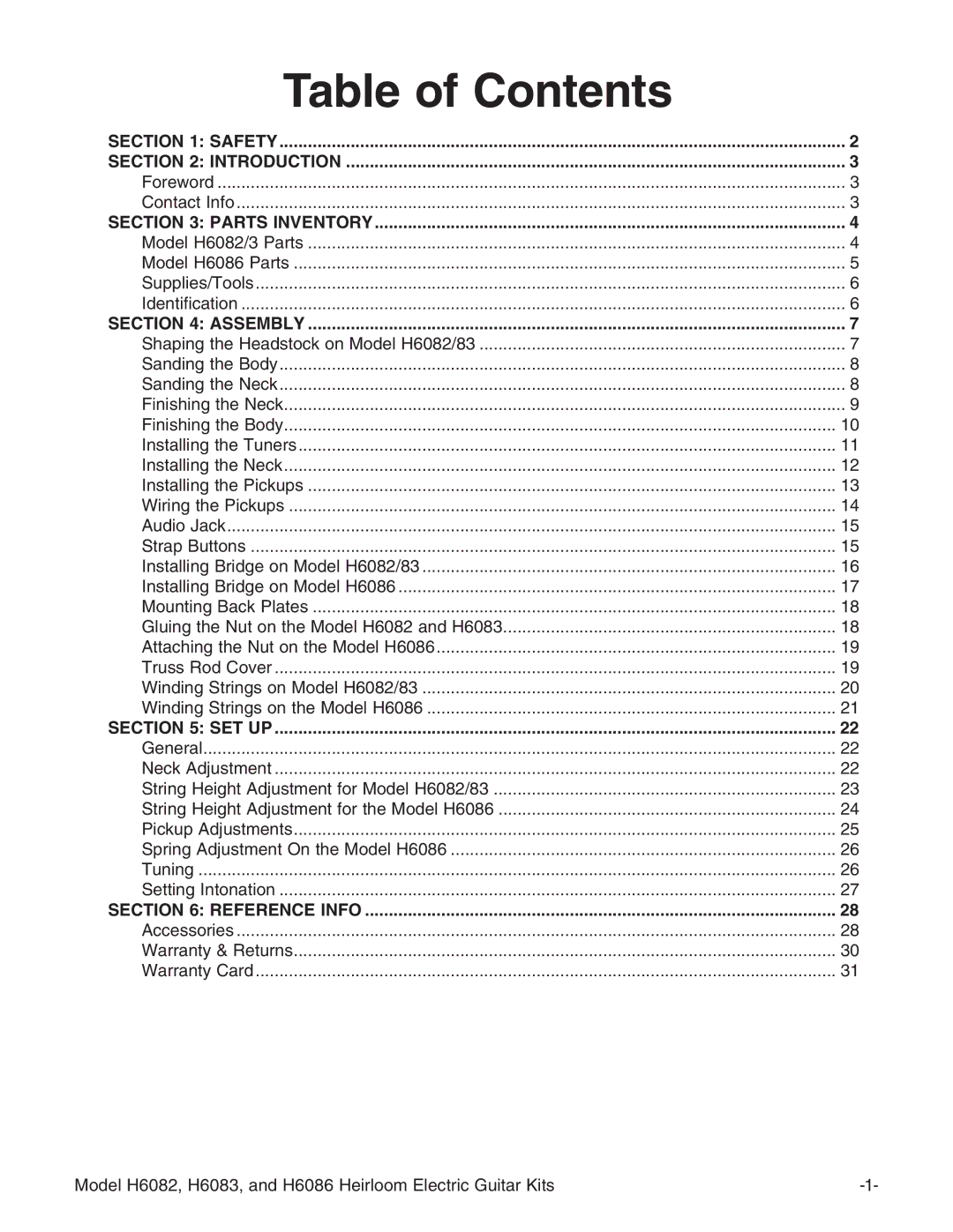 Grizzly H6082, H6086, H6083 instruction manual Table of Contents 