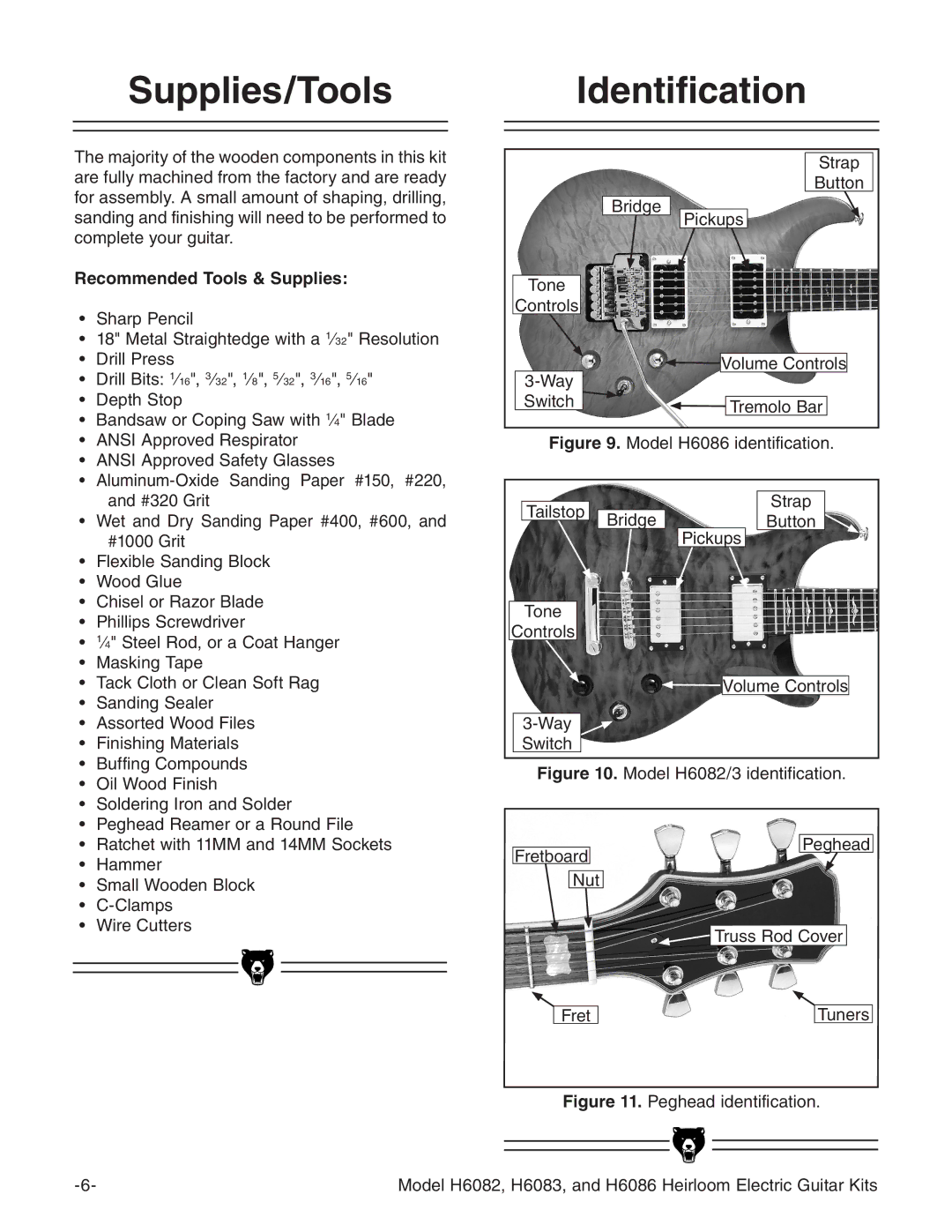 Grizzly H6083, H6082, H6086 instruction manual Supplies/Tools, Identification, Recommended Tools & Supplies 