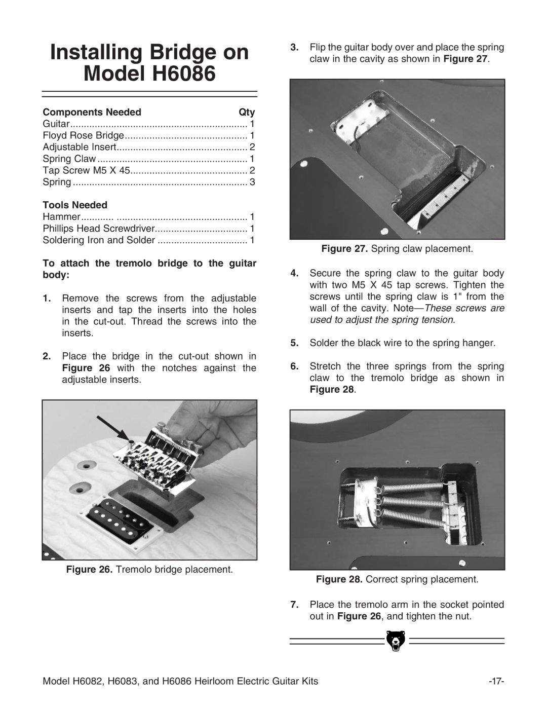 Grizzly H6082 manual 4O Attach Theh Tremolom Bridge to Theh Guitar BODY, Igure Hegc\XaVleaVXZbZci# 