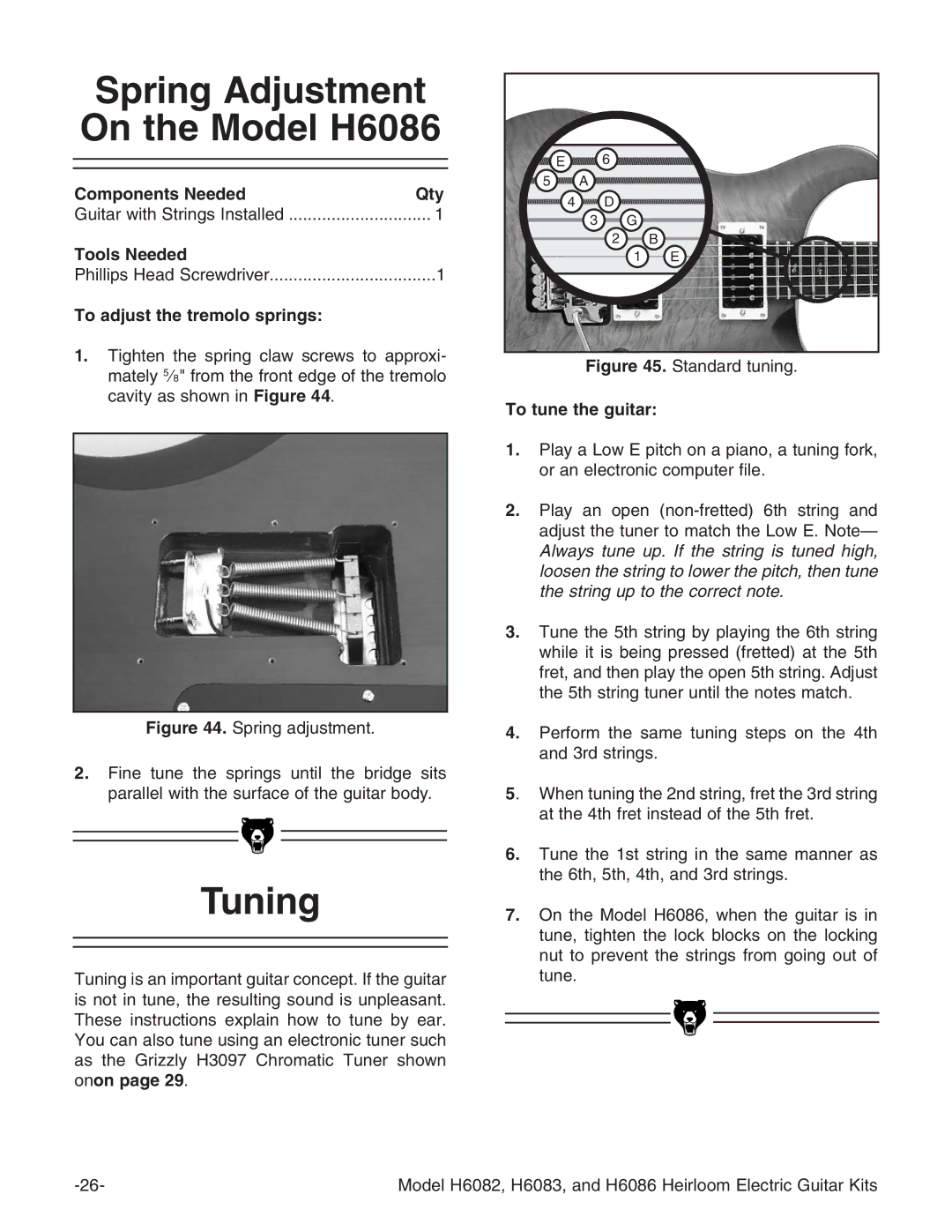 Grizzly H6082 manual 4UNING, 4O Adjust THEHTREMOLOMSPRINGS, Igure Hegc\VYjhibZci#, Igure HiVcYVgYijcc\# 