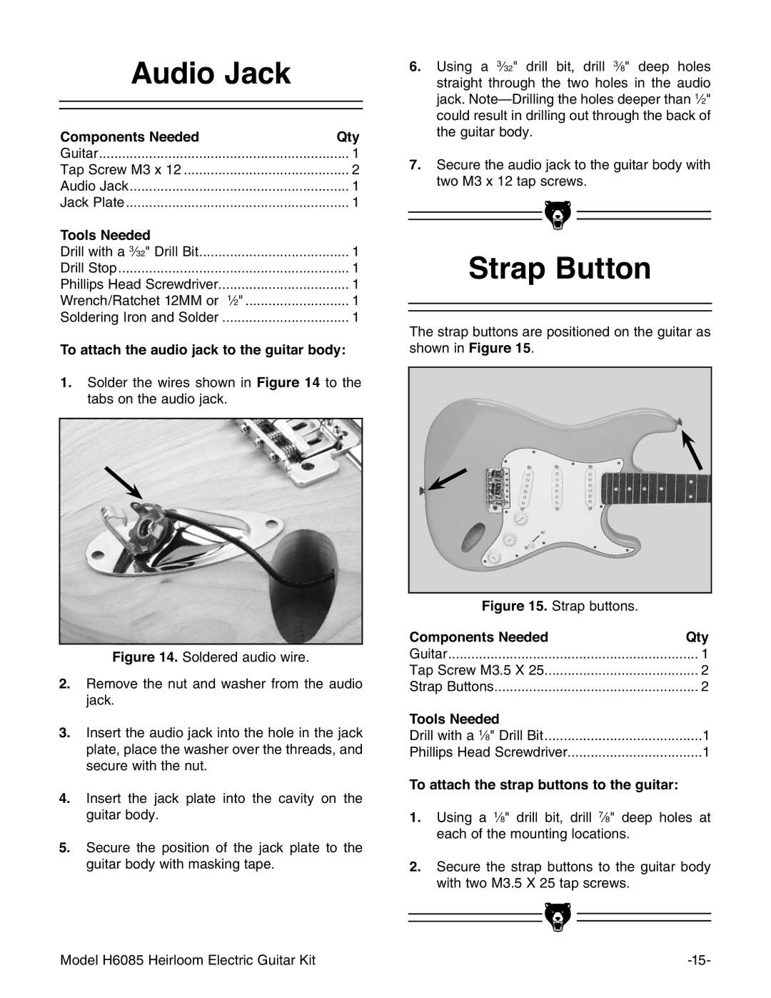 Grizzly H6085 manual $Xglr-Dfn, 6WUDS%XWWRQ, RPSRQHQWV1HHGHG 