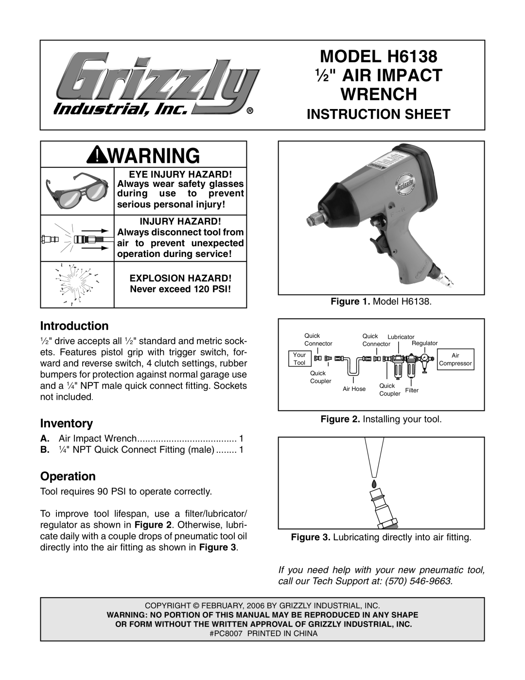 Grizzly instruction sheet Model H6138, ⁄2 AIR Impact, Wrench, Instruction Sheet 