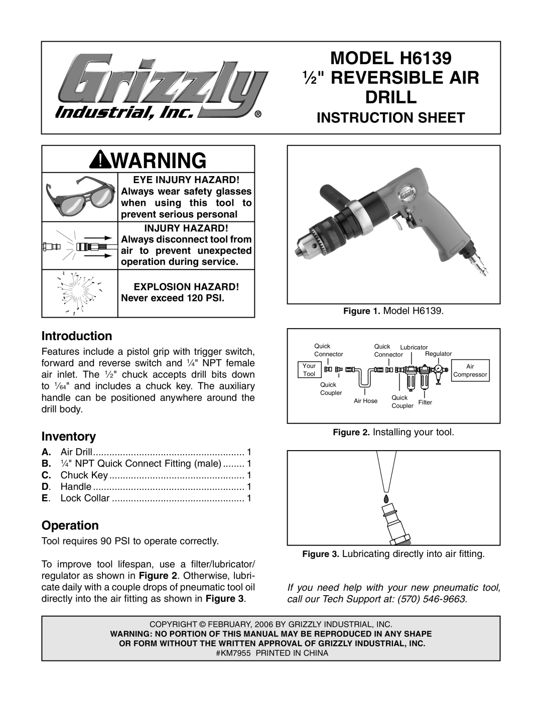 Grizzly instruction sheet Model H6139, ⁄2 Reversible AIR, Drill, Instruction Sheet 