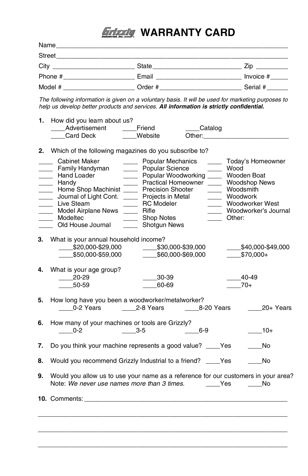 Grizzly H6141 owner manual Warranty Card 