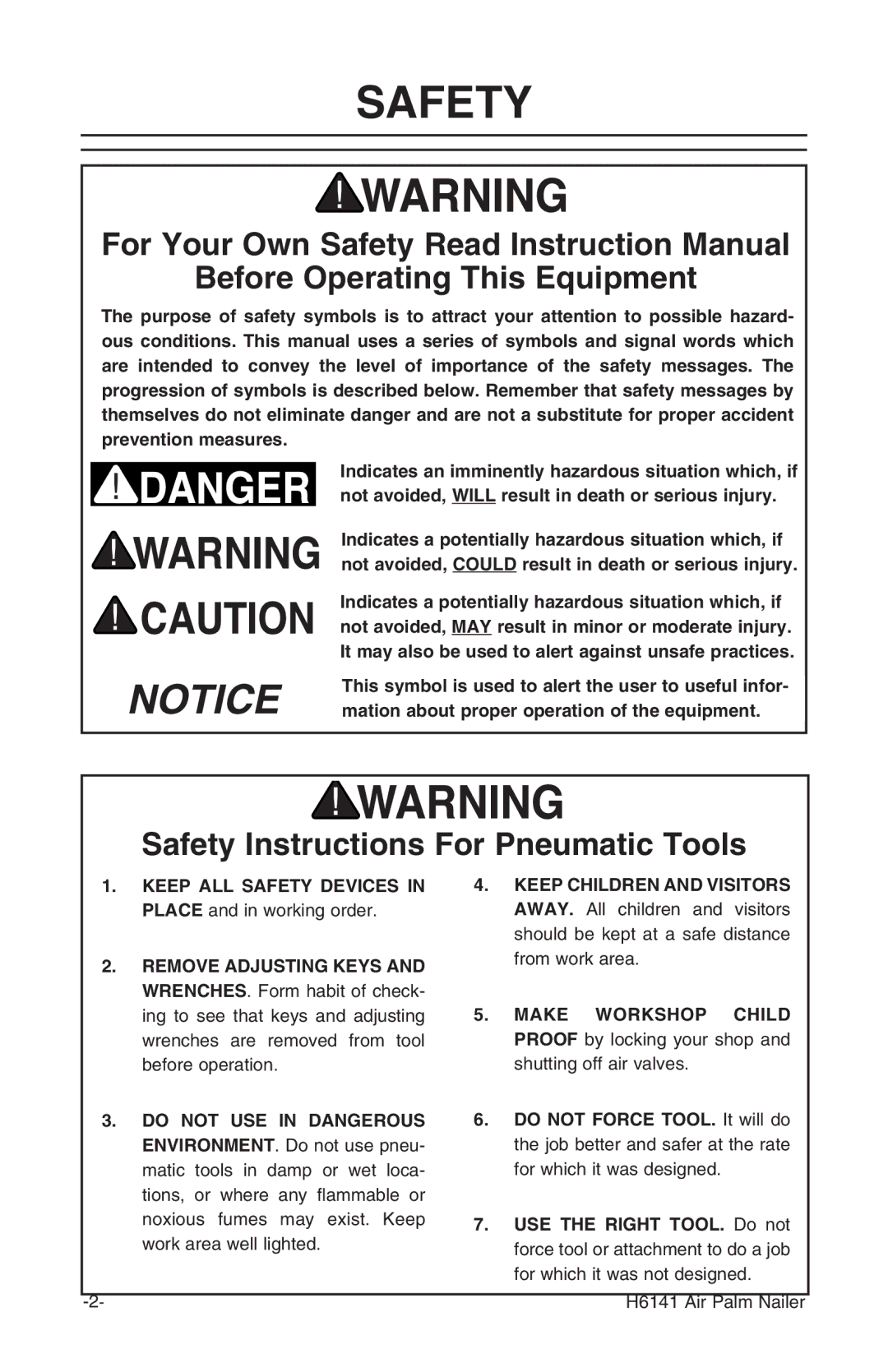 Grizzly H6141 owner manual Before Operating This Equipment, Safety Instructions For Pneumatic Tools 