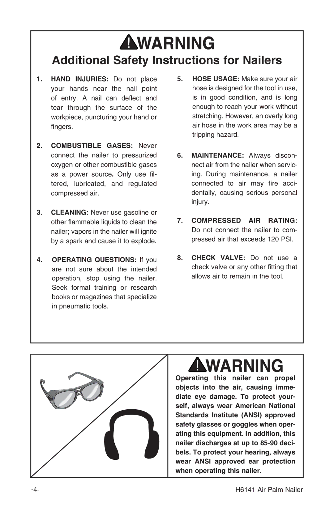 Grizzly H6141 owner manual Additional Safety Instructions for Nailers 