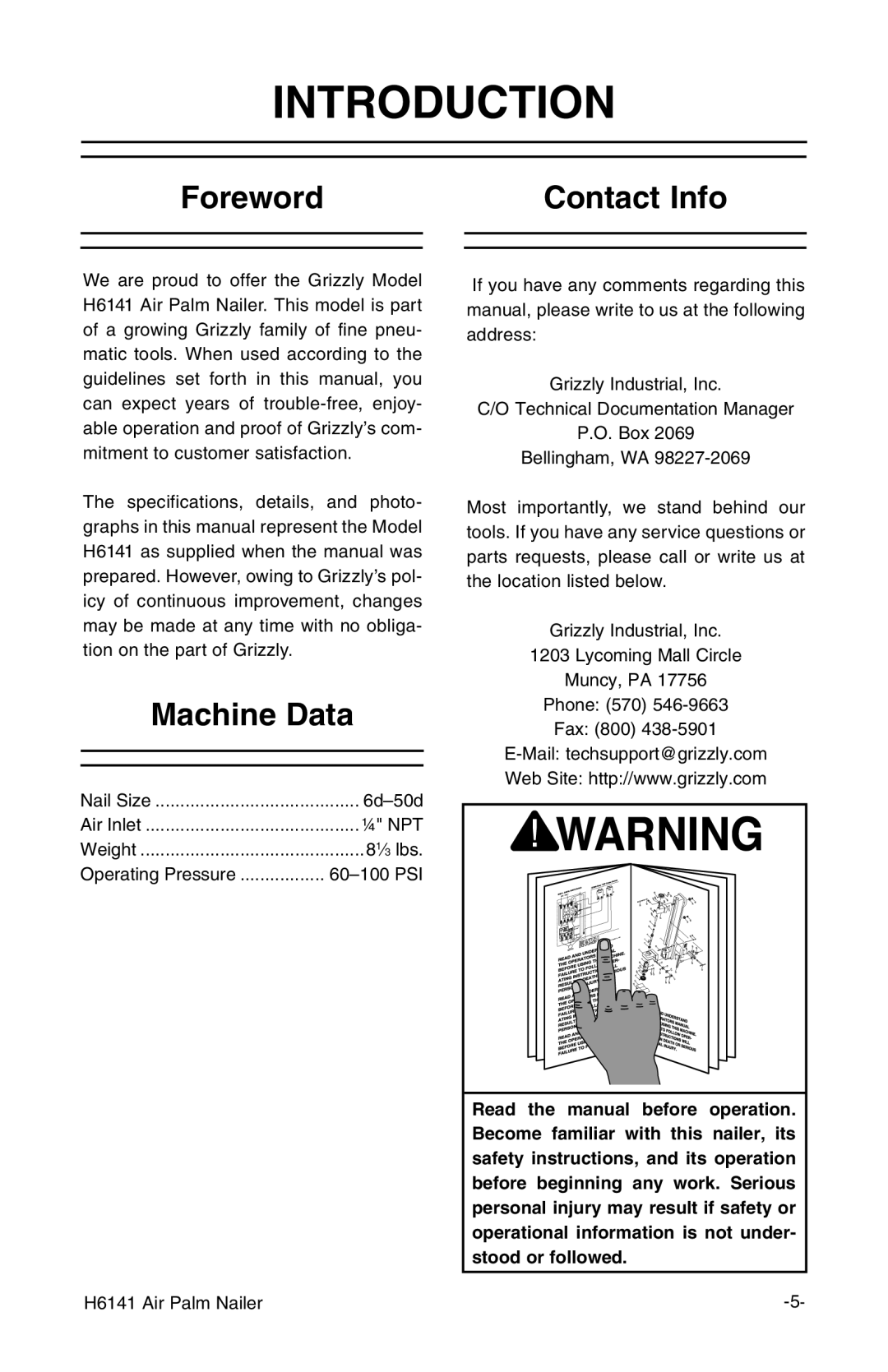 Grizzly H6141 owner manual Introduction, Foreword, Machine Data, Contact Info 