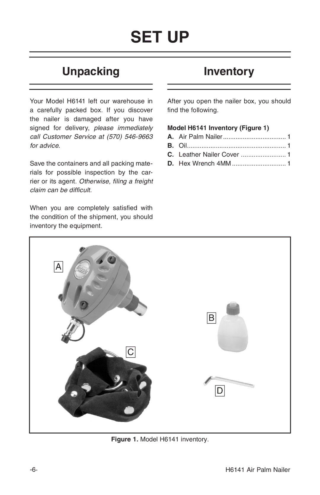 Grizzly H6141 owner manual Set Up, UnpackingInventory 