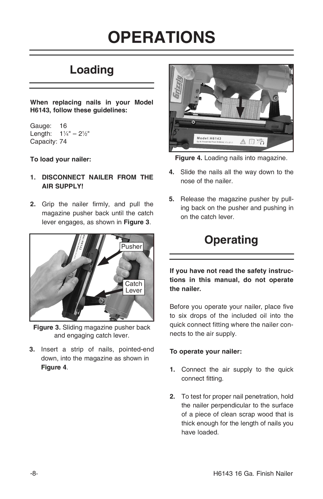 Grizzly H6143 instruction manual Operations, Loading, Operating 