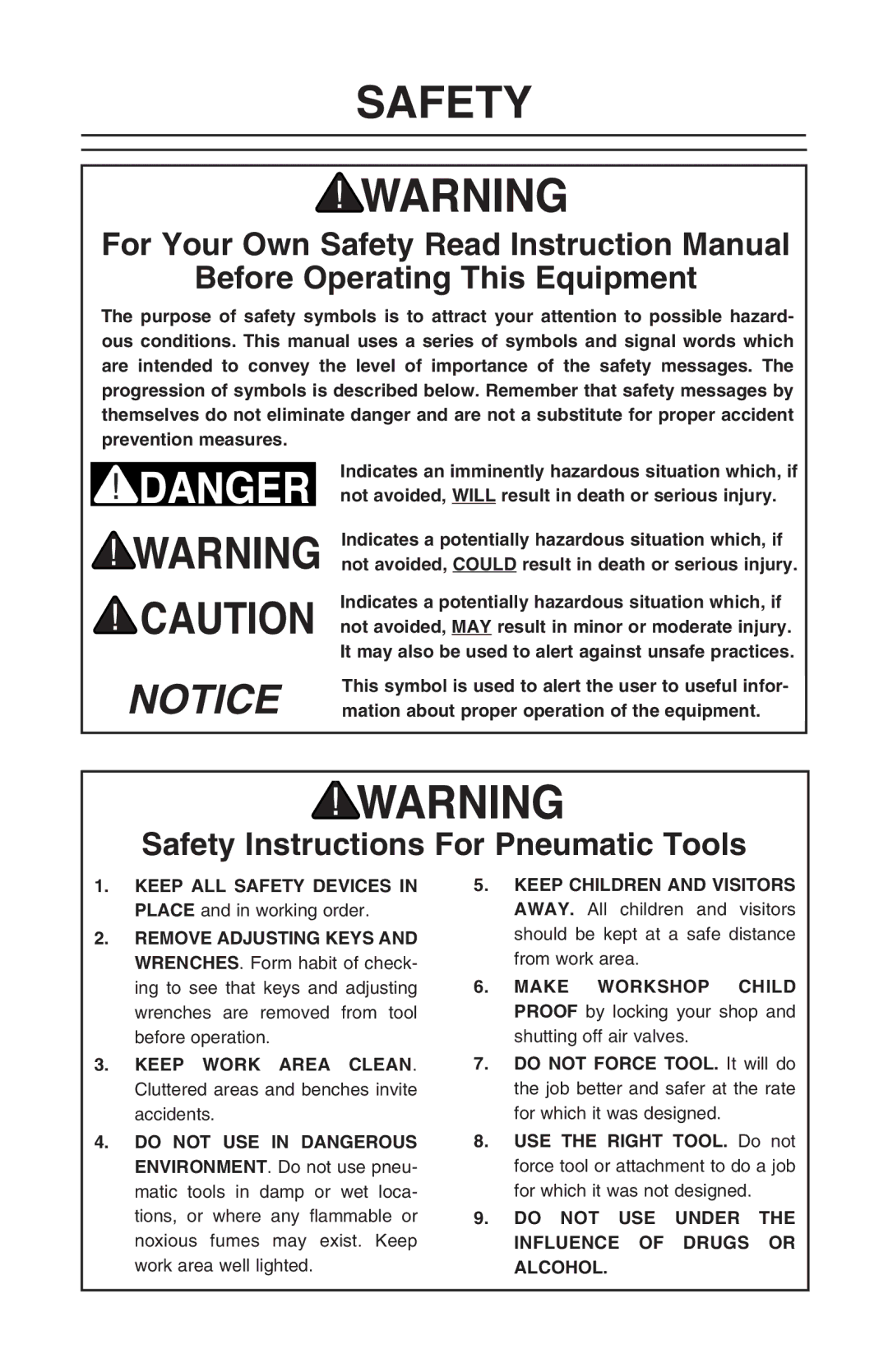 Grizzly H6143 instruction manual Before Operating This Equipment, Safety Instructions For Pneumatic Tools 