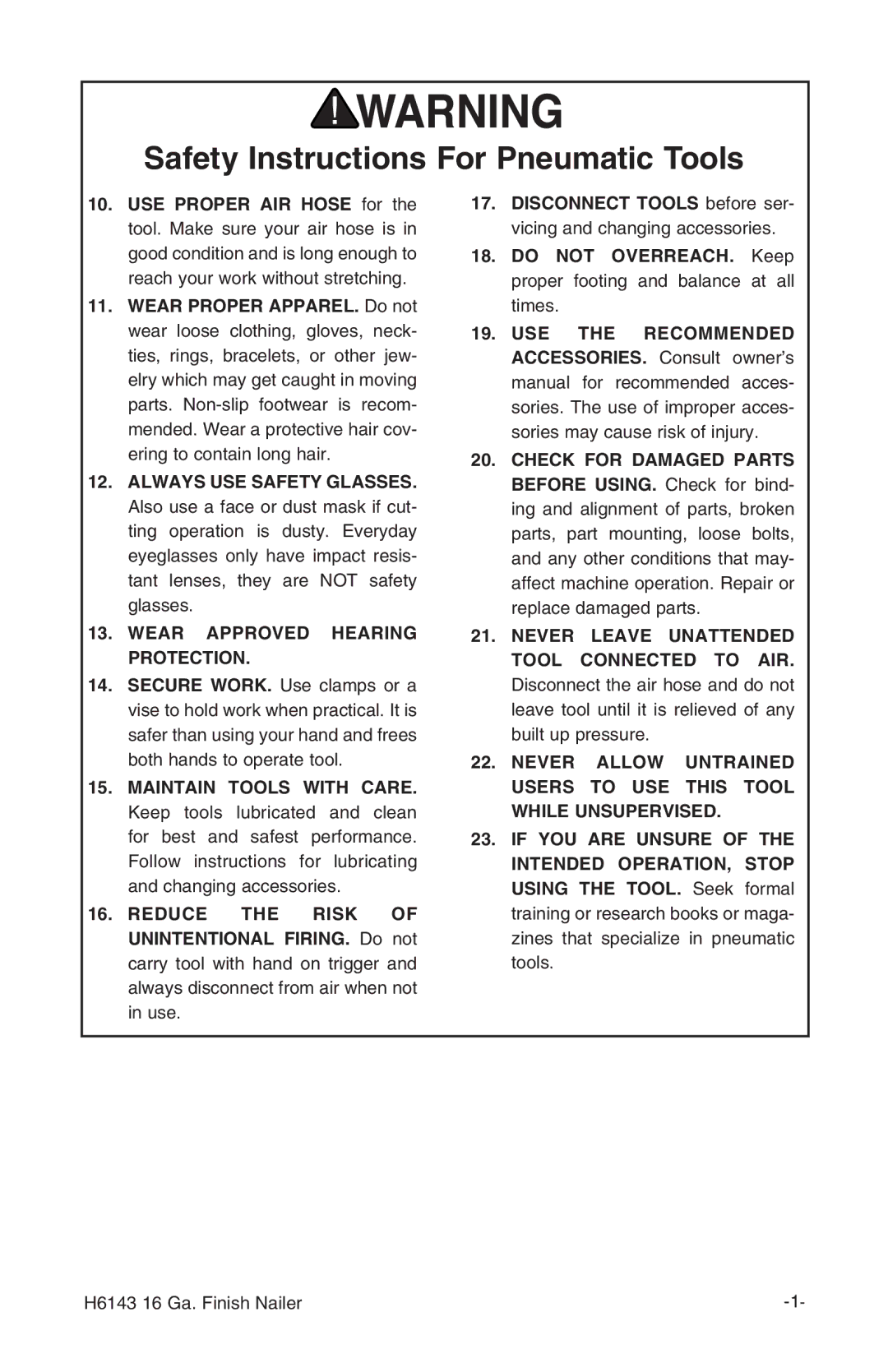 Grizzly H6143 instruction manual Wear Approved Hearing Protection 