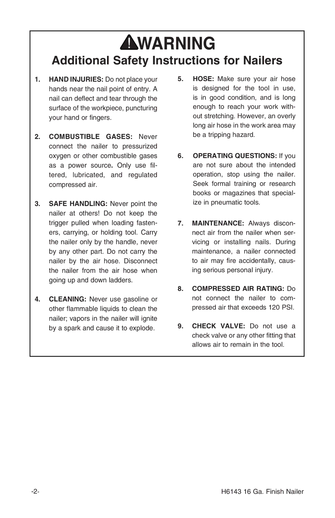 Grizzly H6143 instruction manual Additional Safety Instructions for Nailers 