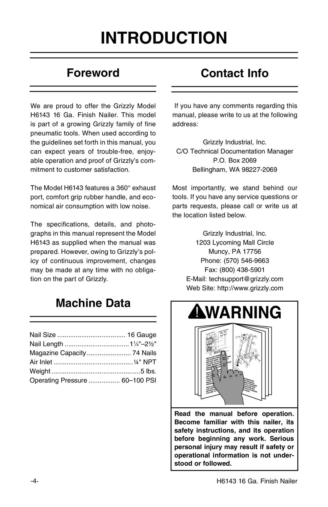 Grizzly H6143 instruction manual Introduction, Foreword, Machine Data, Contact Info 