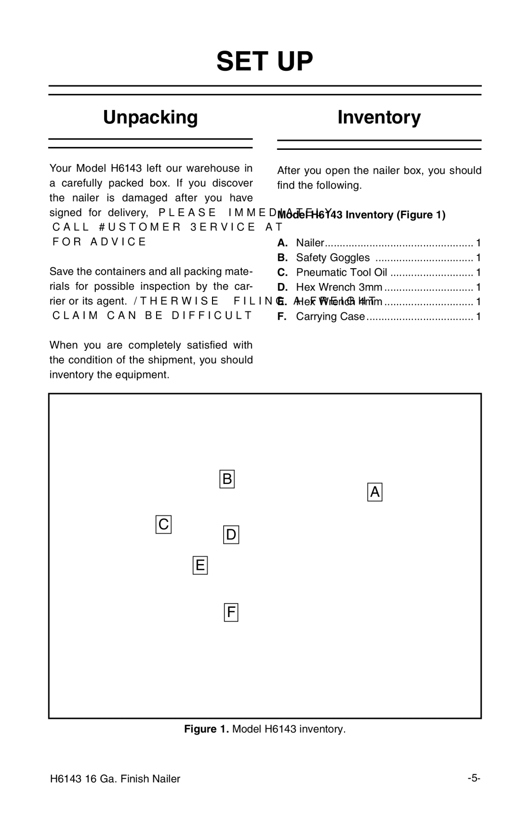 Grizzly H6143 instruction manual Set Up, UnpackingInventory 